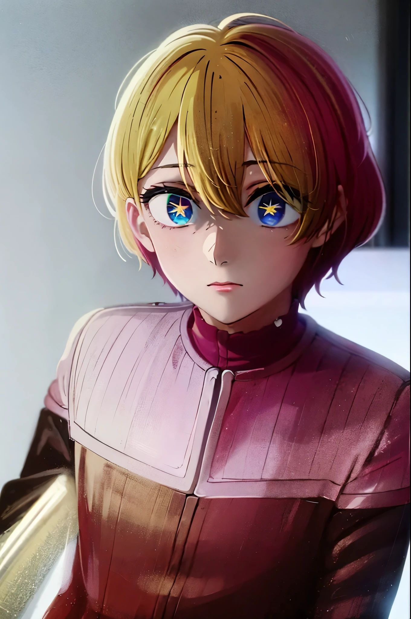 aquamarine hoshino, blue eyes, blonde hair, hair between eyes, (symbol-shaped pupils:1.5),
star-shaped pupils
ds9st red and black uniform constricted pupils