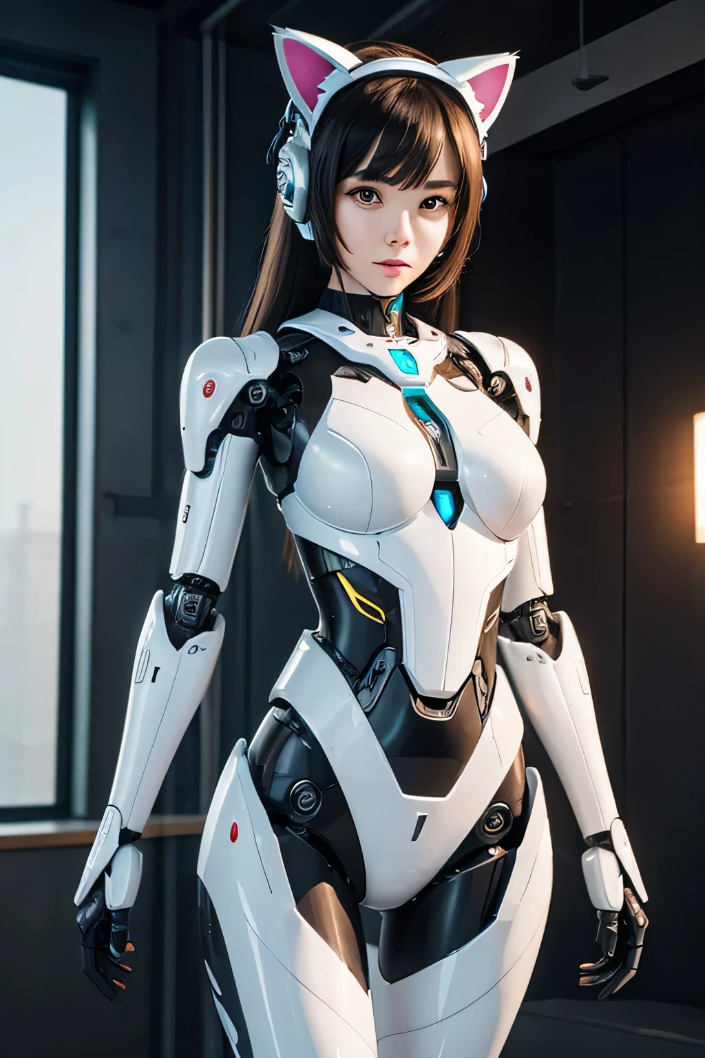 cat-eared female robot cat-like pose mechanical exposed body indoor