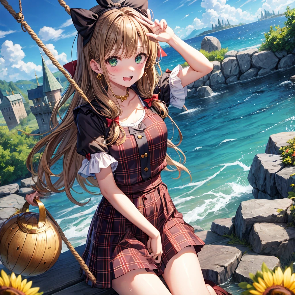 reddish-brown blonde、green eyes、one good looking girl、solo、anime、plaid mini skirt、the skirt has buttons、camisole、black t-shirt、dress、wearing a ribbon、ribbon at waist、cloak、hood、clouds are swirling、stone slabs are piled up、one hand raised、crystal earrings、sun、gold coins are falling、teeth are visible、splash of water、monster castle、have a world map、bow、Swing、ceiling、frying pan、graffiti、scarecrow、heart