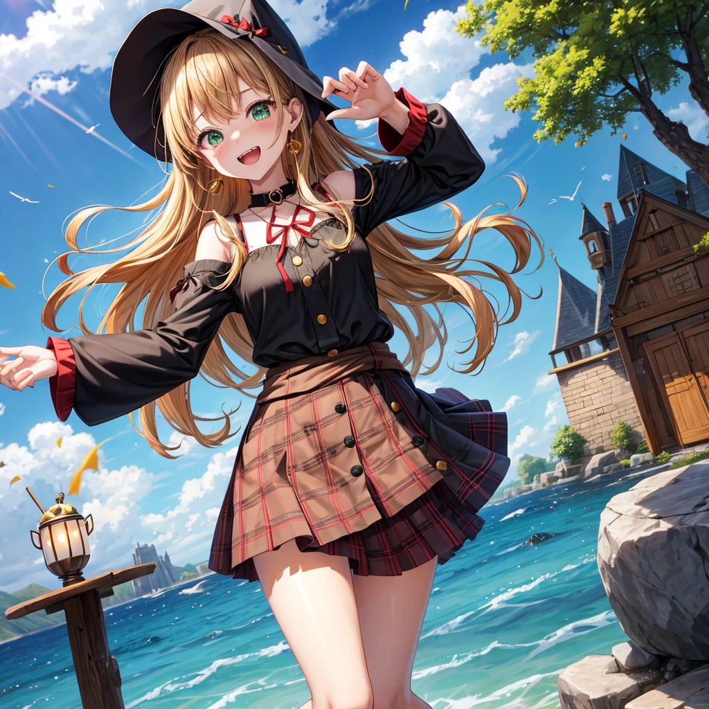 reddish-brown blonde、green eyes、one good looking girl、solo、anime、plaid mini skirt、the skirt has buttons、camisole、black t-shirt、dress、wearing a ribbon、ribbon at waist、cloak、hood、clouds are swirling、stone slabs are piled up、one hand raised、crystal earrings、sun、gold coins are falling、teeth are visible、splash of water、monster castle、have a world map、bow、Swing、ceiling、frying pan、graffiti、scarecrow、heart