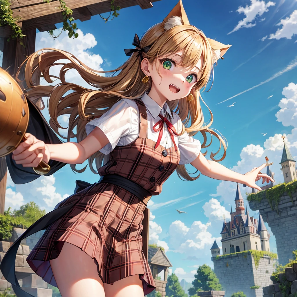 reddish-brown blonde、green eyes、one good looking girl、solo、anime、plaid mini skirt、the skirt has buttons、camisole、black t-shirt、dress、wearing a ribbon、ribbon at waist、cloak、hood、clouds are swirling、stone slabs are piled up、one hand raised、crystal earrings、sun、gold coins are falling、teeth are visible、splash of water、monster castle、have a world map、bow、Swing、ceiling、frying pan、graffiti、scarecrow、heart