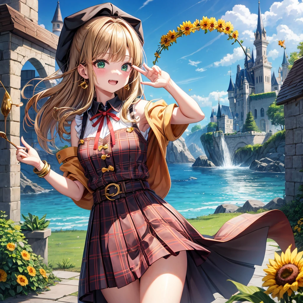 reddish-brown blonde、green eyes、one good looking girl、solo、anime、plaid mini skirt、the skirt has buttons、camisole、black t-shirt、dress、wearing a ribbon、ribbon at waist、cloak、hood、clouds are swirling、stone slabs are piled up、one hand raised、crystal earrings、sun、gold coins are falling、teeth are visible、splash of water、monster castle、have a world map、bow、Swing、ceiling、frying pan、graffiti、scarecrow、heart