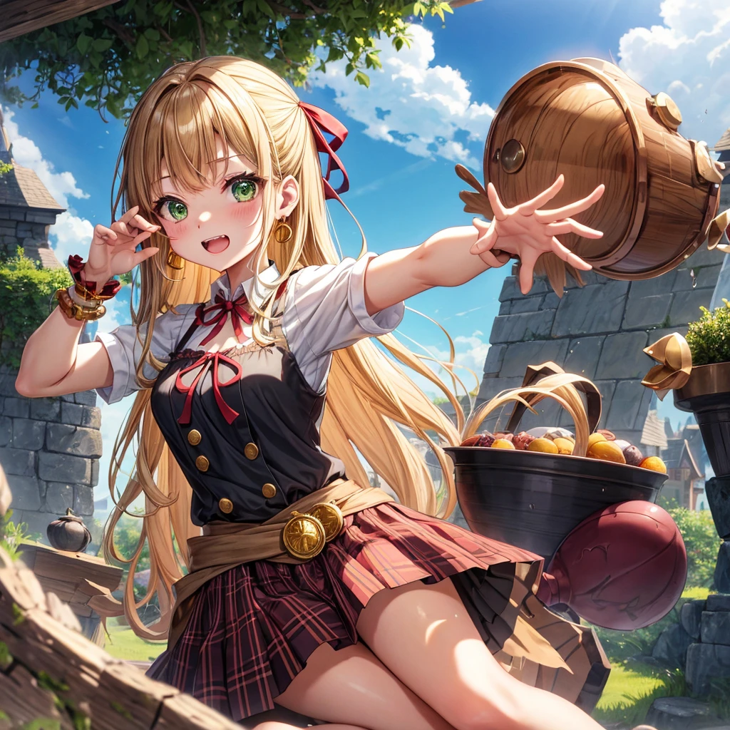 reddish-brown blonde、green eyes、one good looking girl、solo、anime、plaid mini skirt、the skirt has buttons、camisole、black t-shirt、dress、wearing a ribbon、ribbon at waist、cloak、hood、clouds are swirling、stone slabs are piled up、one hand raised、crystal earrings、sun、gold coins are falling、teeth are visible、splash of water、monster castle、have a world map、bow、Swing、ceiling、frying pan、graffiti、scarecrow、heart