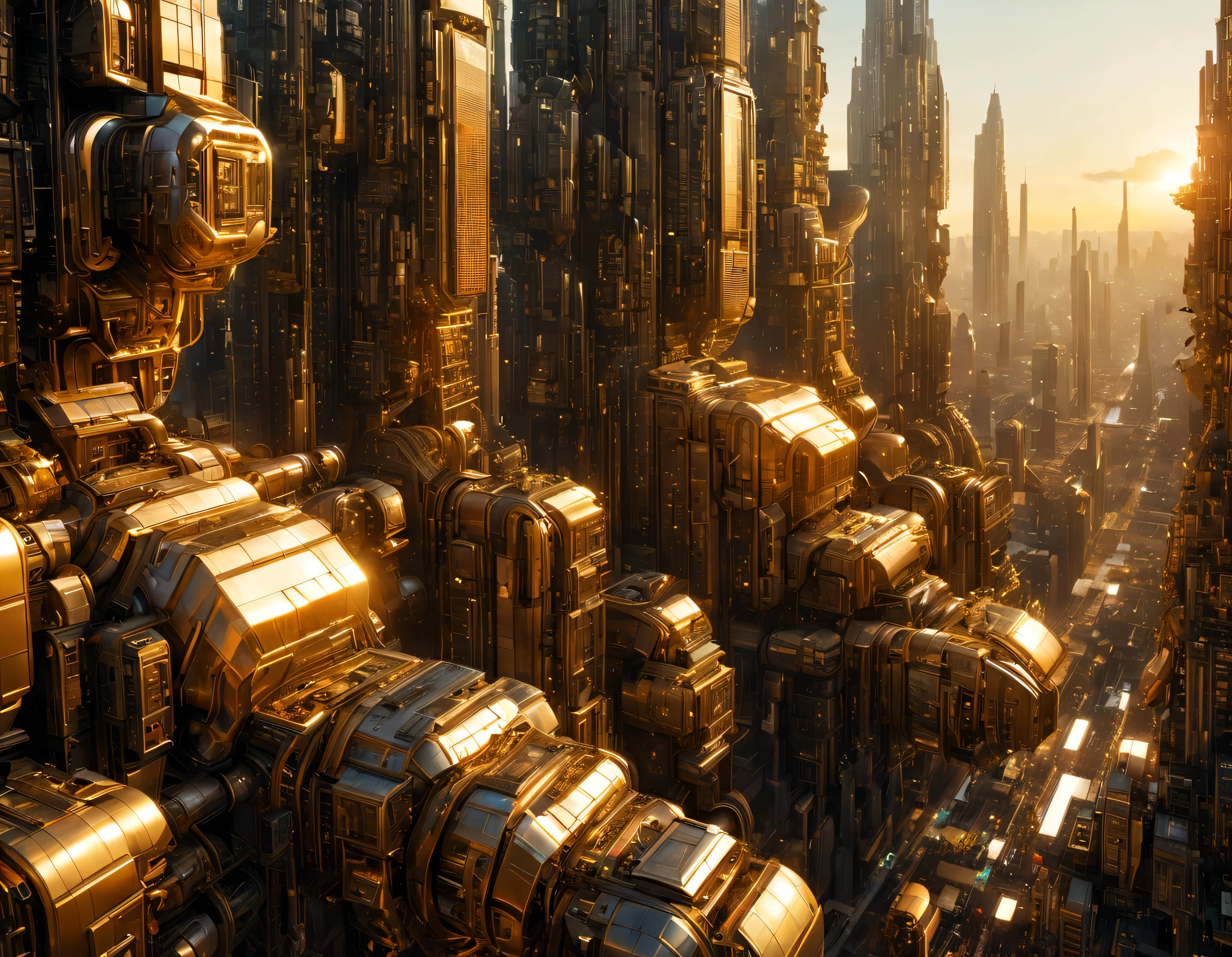 (golden hour lighting), megacity, megalopolis of an imaginary world of science fiction and maximum fantasy, con inmensos edificios ovalados y dodecaedricos agrupados de metal y cristal donde predomina el oro. imagen bien definida 8k, (intrincados detalles de la maquina), con muchos edificios juntos.(obra maestra de superior calidad).(imagen fotorrealista), nitidez absoluta hasta el fondo.