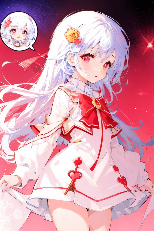 Beautiful illustration, best quality, cute little girl, (Transformation sequence), Magical girl transformation, chibi, white magical girl, Fractal art, Albinism, baby face, Pure white and red mesh long hair, Beautiful and detailed red eyes, Light, cowboy shooting, looking at the audience, started from the bottom, happy