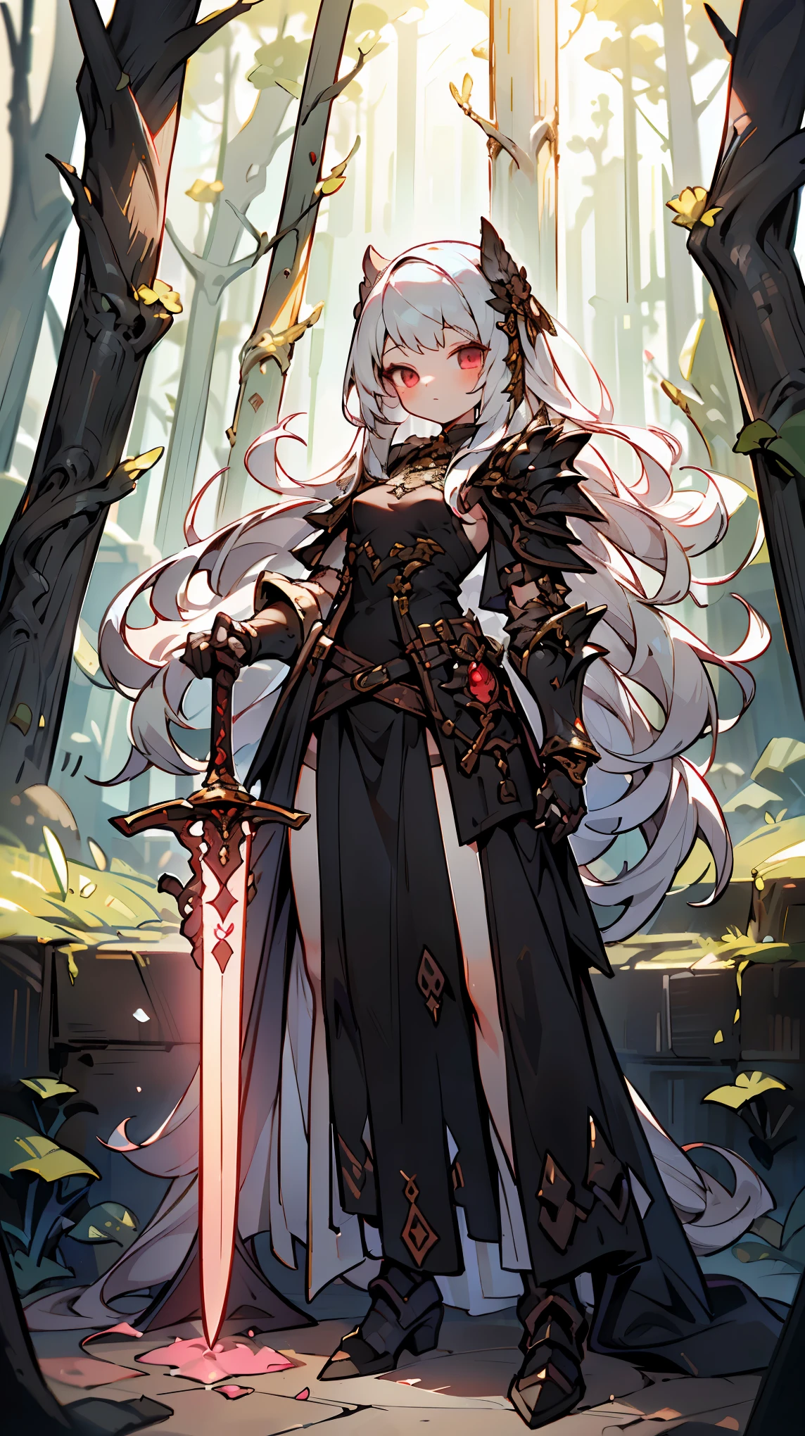 masterpiece, best quality, ff14style, Final Fantasy 1 girls, full armor, very long straight hair, silver hair, small breasts, small girl, full body, princess knight, long dress with armor parts, red+black clothes, carrying a black sword, outdoors, forest