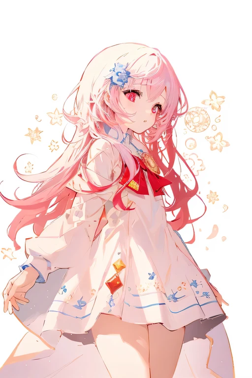 Beautiful illustration, best quality, cute ***********, (Transformation sequence), Magical girl transformation, chibi, white magical girl, Fractal art, Albinism, baby face, Pure white and red mesh long hair, Beautiful and detailed red eyes, Light, cowboy shooting, looking at the audience, started from the bottom, happy