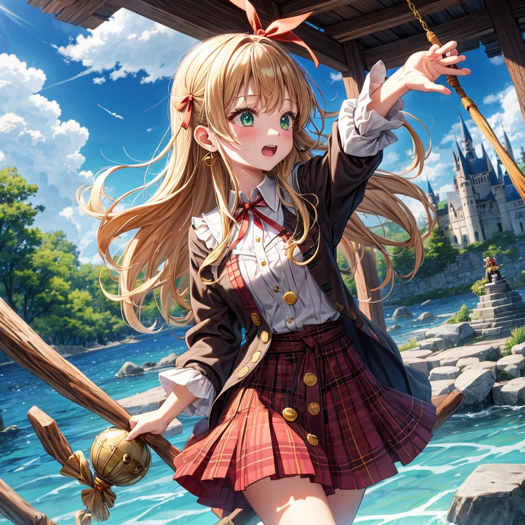 reddish-brown blonde、green eyes、one good looking girl、solo、anime、plaid mini skirt、the skirt has buttons、camisole、black t-shirt、dress、wearing a ribbon、ribbon at waist、cloak、hood、clouds are swirling、stone slabs are piled up、one hand raised、crystal earrings、sun、gold coins are falling、teeth are visible、splash of water、monster castle、have a world map、bow、Swing、ceiling、frying pan、graffiti、scarecrow、heart