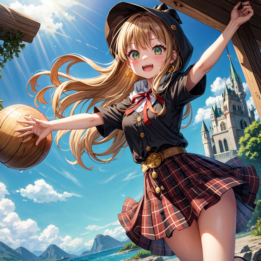 reddish-brown blonde、green eyes、one good looking girl、solo、anime、plaid mini skirt、the skirt has buttons、camisole、black t-shirt、dress、wearing a ribbon、ribbon at waist、cloak、hood、clouds are swirling、stone slabs are piled up、one hand raised、crystal earrings、sun、gold coins are falling、teeth are visible、splash of water、monster castle、have a world map、bow、Swing、ceiling、frying pan、graffiti、scarecrow、heart