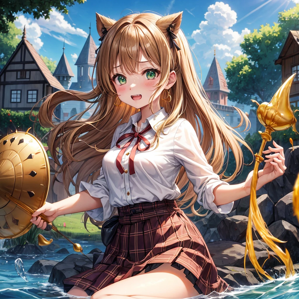 reddish-brown blonde、green eyes、one good looking girl、solo、anime、plaid mini skirt、the skirt has buttons、camisole、black t-shirt、dress、wearing a ribbon、ribbon at waist、cloak、hood、clouds are swirling、stone slabs are piled up、one hand raised、crystal earrings、sun、gold coins are falling、teeth are visible、splash of water、monster castle、have a world map、bow、Swing、ceiling、frying pan、graffiti、scarecrow、heart