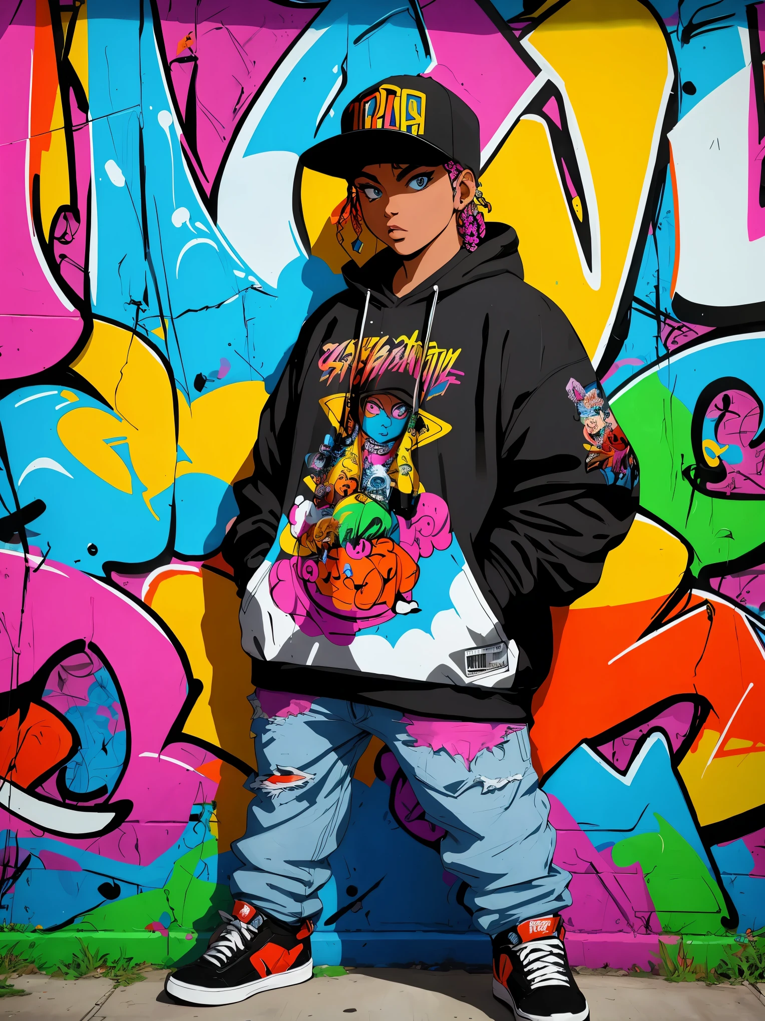 A colorful graffiti art on a weathered wall, vibrant and full of life, bringing comic characters to life. Extremely detailed, urban street scene, eye-catching characters, realistic graffiti art style, pop culture aesthetics, vivid colors, detailed artwork, murals, whimsical interactions, street art culture, artistic expression, urban environment, dynamic composition, rich textures, professional graffiti artist, energetic atmosphere, hip-hop culture, animated characters, bold lines, urban lifestyle, modern art, urban decay, creative expression, art on the streets, youth subculture.
