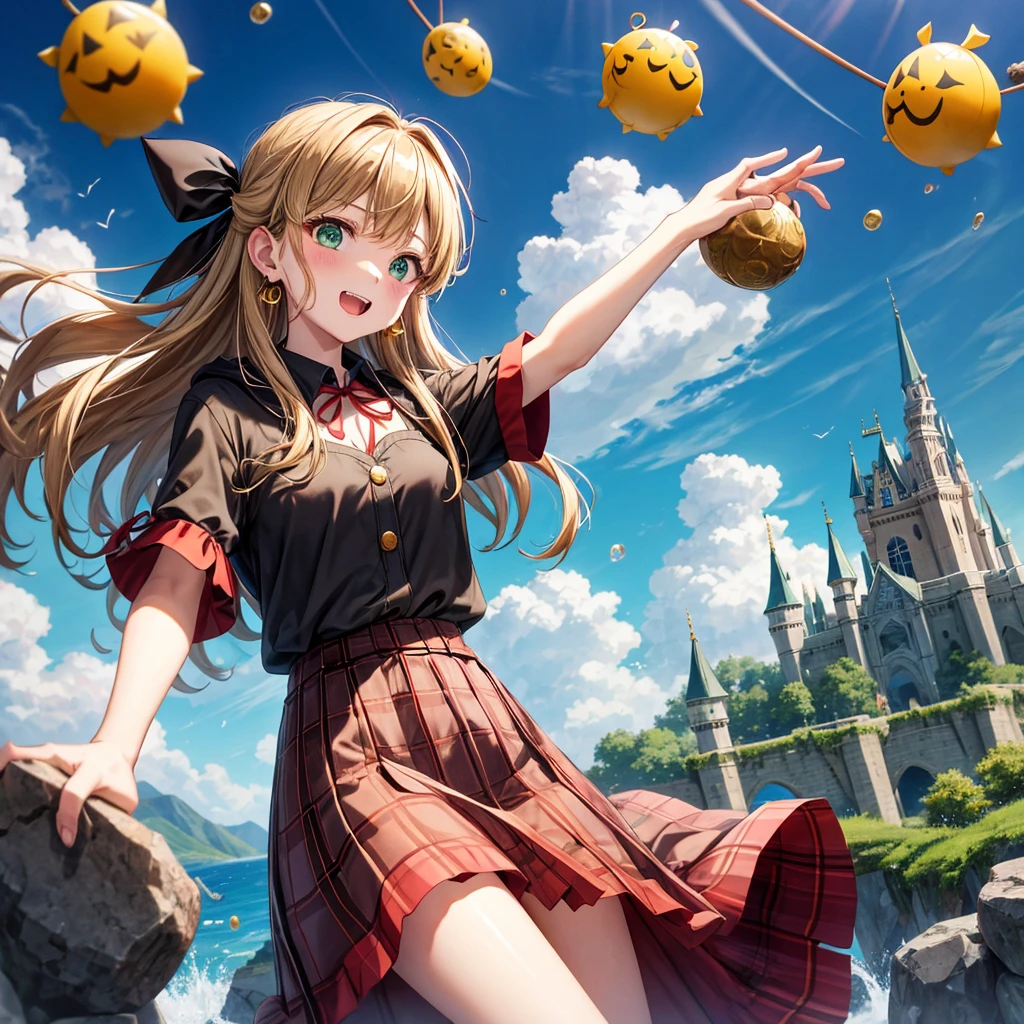 reddish-brown blonde、green eyes、one good looking girl、solo、anime、plaid mini skirt、the skirt has buttons、camisole、black t-shirt、dress、wearing a ribbon、ribbon at waist、cloak、hood、clouds are swirling、stone slabs are piled up、one hand raised、crystal earrings、sun、gold coins are falling、teeth are visible、splash of water、monster castle、have a world map、bow、Swing、ceiling、frying pan、graffiti、scarecrow、heart