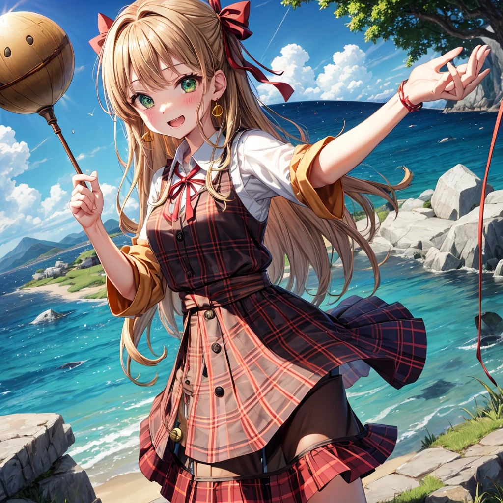 reddish-brown blonde、green eyes、one good looking girl、solo、anime、plaid mini skirt、the skirt has buttons、camisole、black t-shirt、dress、wearing a ribbon、ribbon at waist、cloak、hood、clouds are swirling、stone slabs are piled up、one hand raised、crystal earrings、sun、gold coins are falling、teeth are visible、splash of water、monster castle、have a world map、bow、Swing、ceiling、frying pan、graffiti、scarecrow、heart