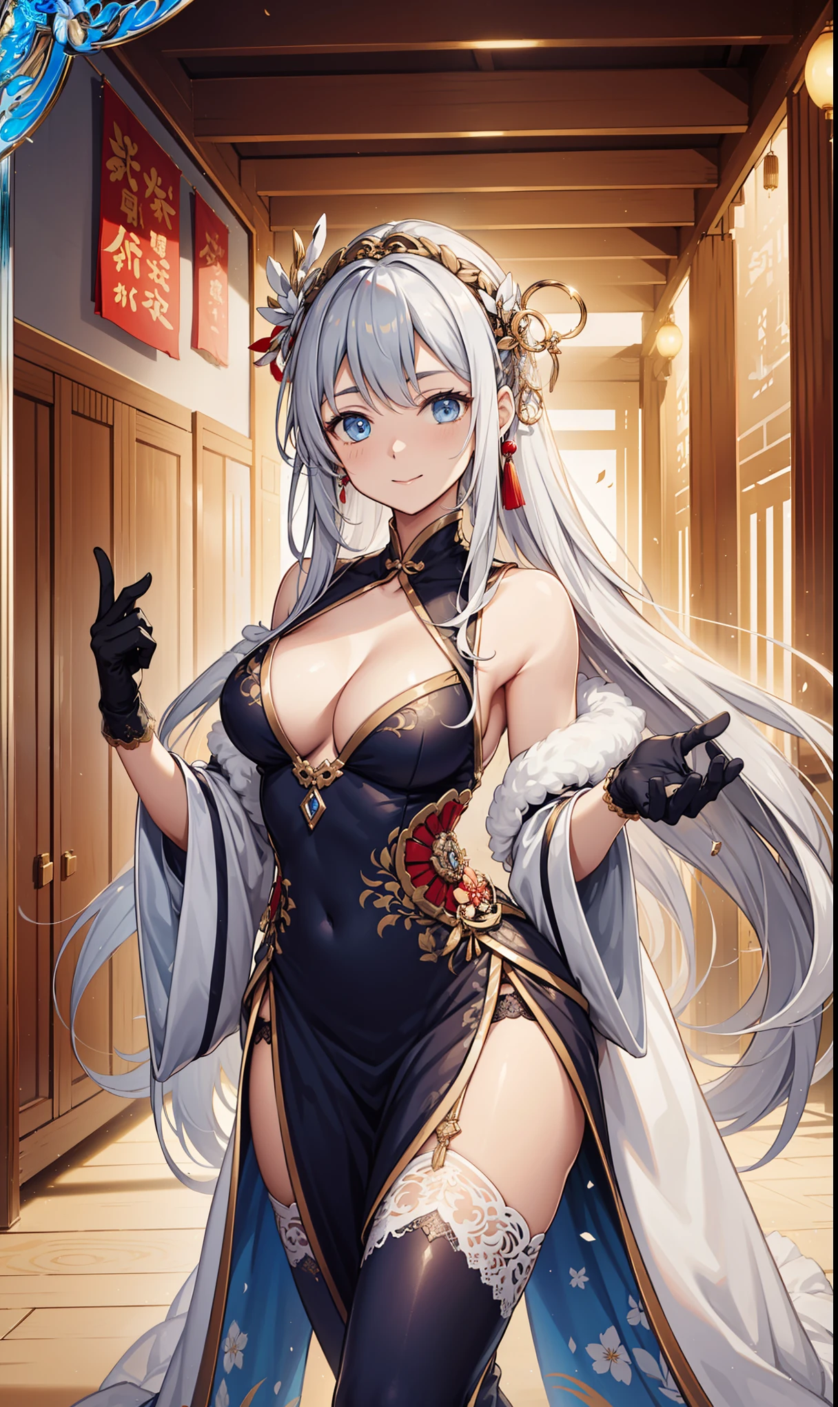 Virgin，Elegant and charming，hapiness，gentle expression，in love，(Transparent colorful Hanfu，Sophisticated and gorgeous design)，black gloves，silver hair，blue eyes，see through transparent clothes，Exquisite hair accessories，Transparent lace，Engraving pattern，dress nicely，The background is an old Chinese palace，Inside the hall，elegant posture，night，(long garters:1.1），Super super details