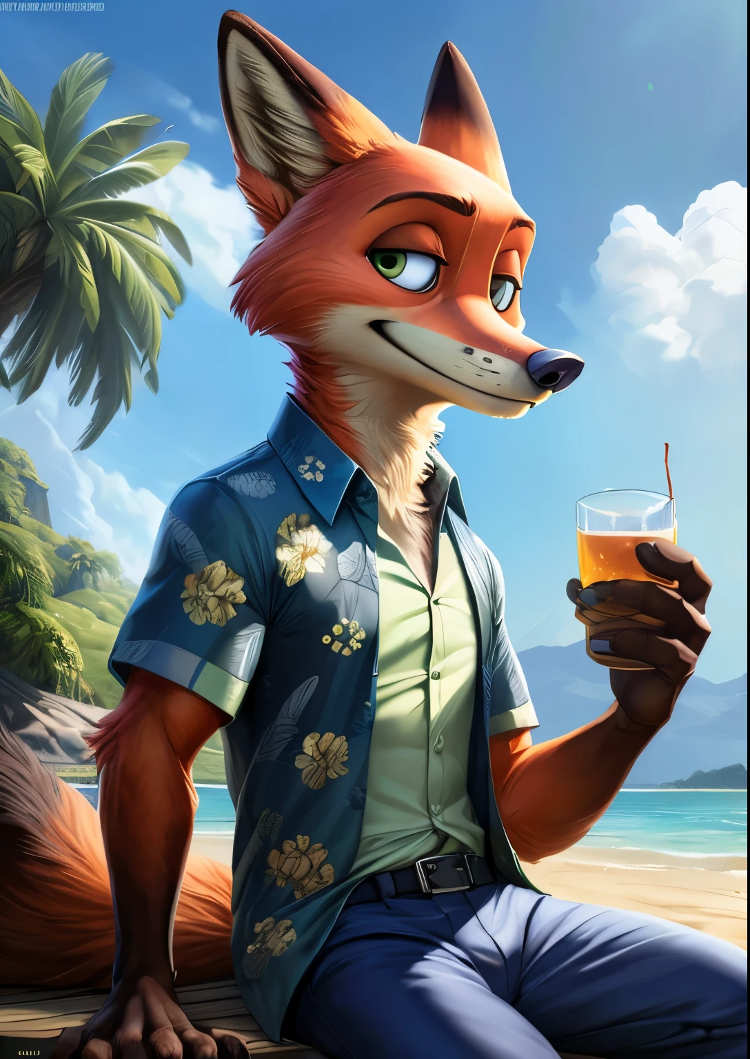 uploaded to e621, (par Homogenousrule, par Wildering, par foxovh, par Catcouch),
seulement (((Nick Wilde), touffe de cou, queue duveteuse, yeux bleus)),
((portrait aux trois quarts)), ((wear a blue hawaiian floral shirt with blue gray pants)),
Casser
((sitting on an island with plants and l&#39;water on a sunny day, bateau blanc, boisson)),
(detailed context, profondeur de champ, half body shadow, Sunlight, Ambient light on the body),
(complexe:0.7), (high detail:1.3), (unreal engine:1.3), (Sharpness:1.15),
[contenu explicite, contenu douteux], (chef-d&#39;artwork, best quality, 4K, 2k, shady, absurd resolution)