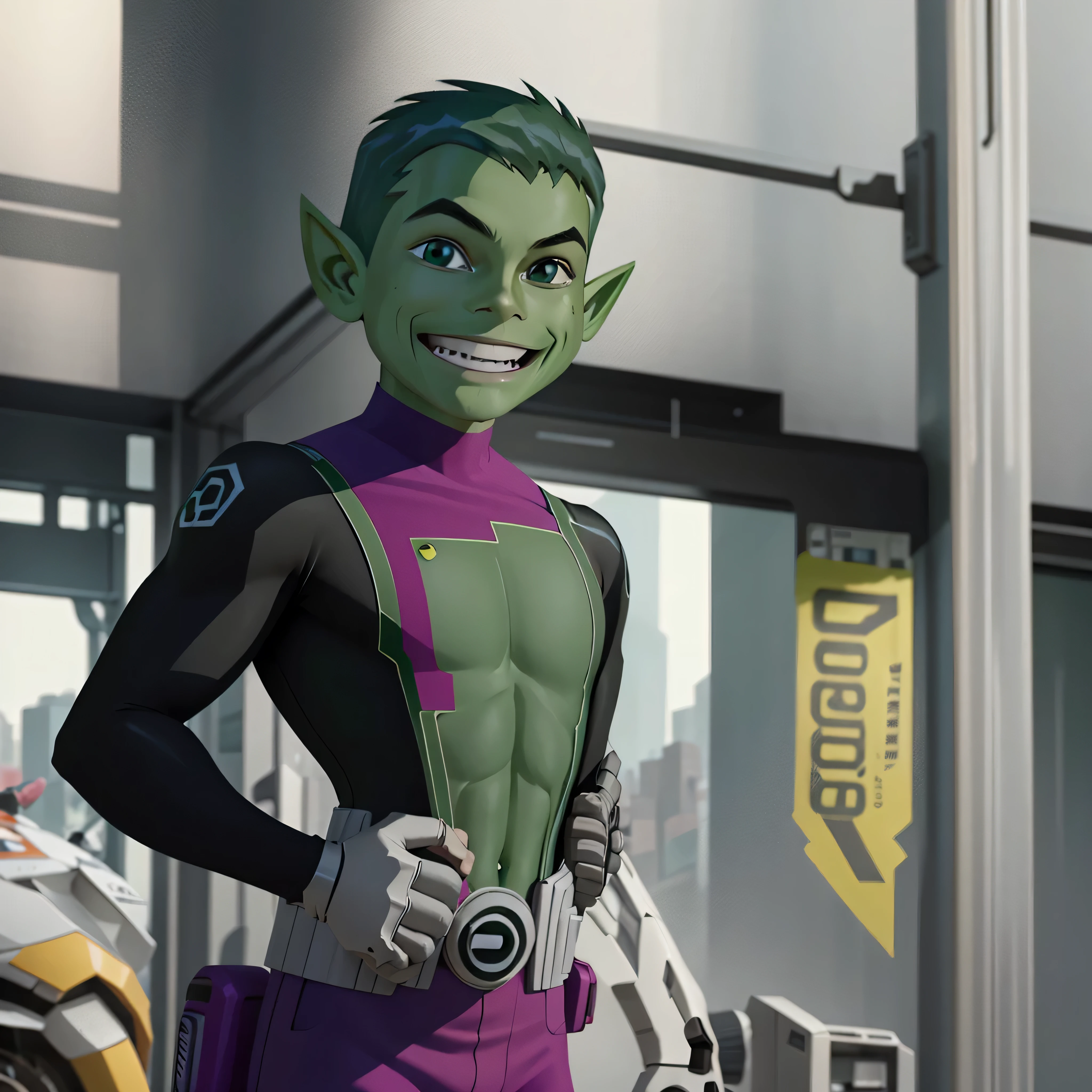 ((masterpiece,best quality)), absurdres, BeastBoy_TeenTitans,   1boy, solo, green eyes, green hair, green skin, colored skin, pointy ears,  purple bodysuit, solo, smiling, looking at viewer, cowboy shot, photo-realistic, octane render, unreal engine, ultra-realistic