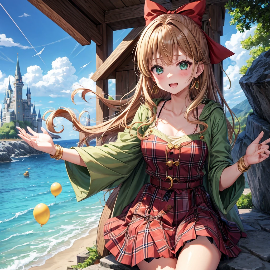 reddish-brown blonde、green eyes、one good looking girl、solo、anime、plaid mini skirt、the skirt has buttons、camisole、black t-shirt、dress、wearing a ribbon、ribbon at waist、cloak、hood、clouds are swirling、stone slabs are piled up、one hand raised、crystal earrings、sun、gold coins are falling、teeth are visible、splash of water、monster castle、have a world map、bow、Swing、ceiling、balloon