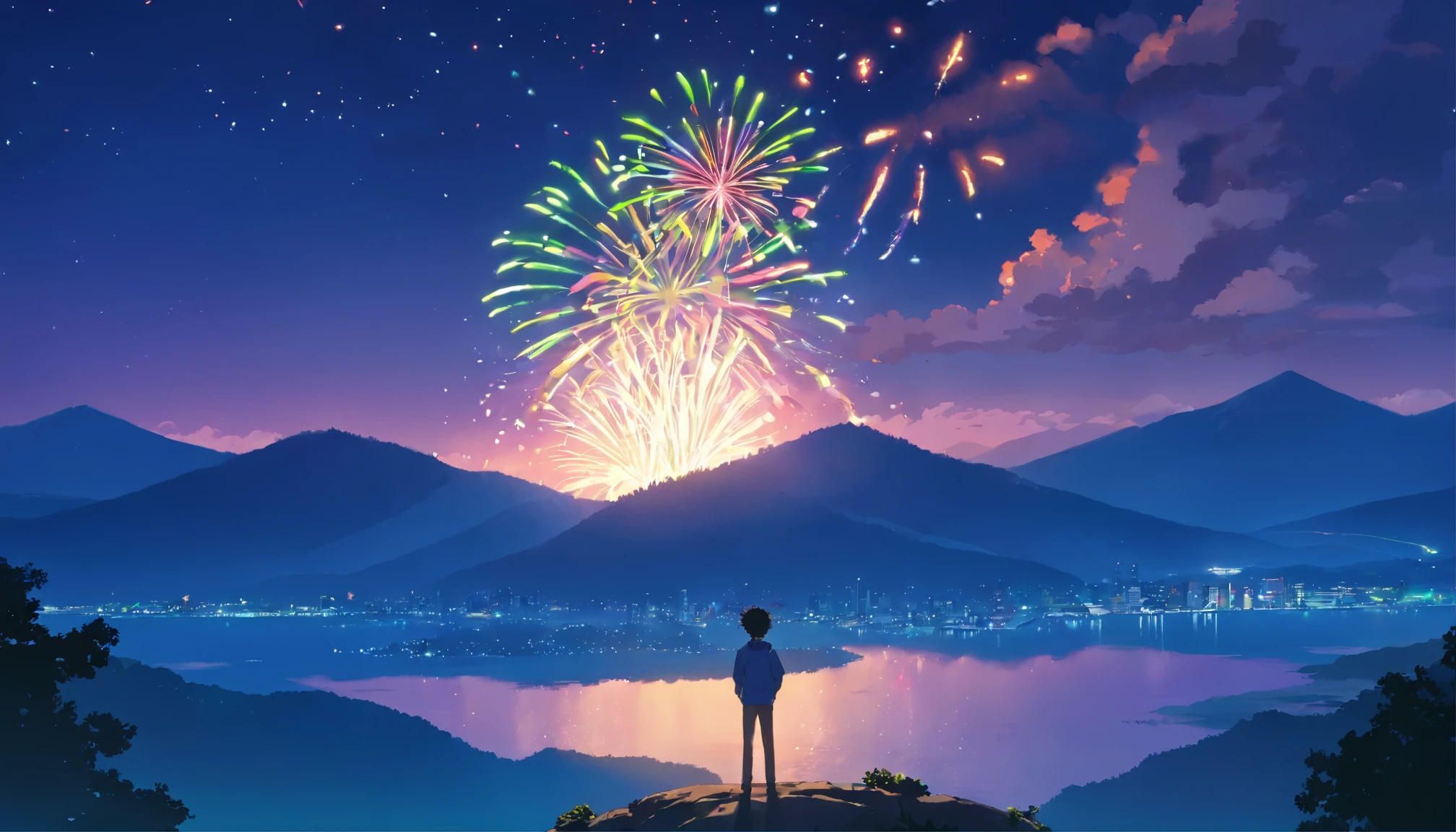 Fireworks, view from below, alone man, moutains, dark, night, tone dark blue and green