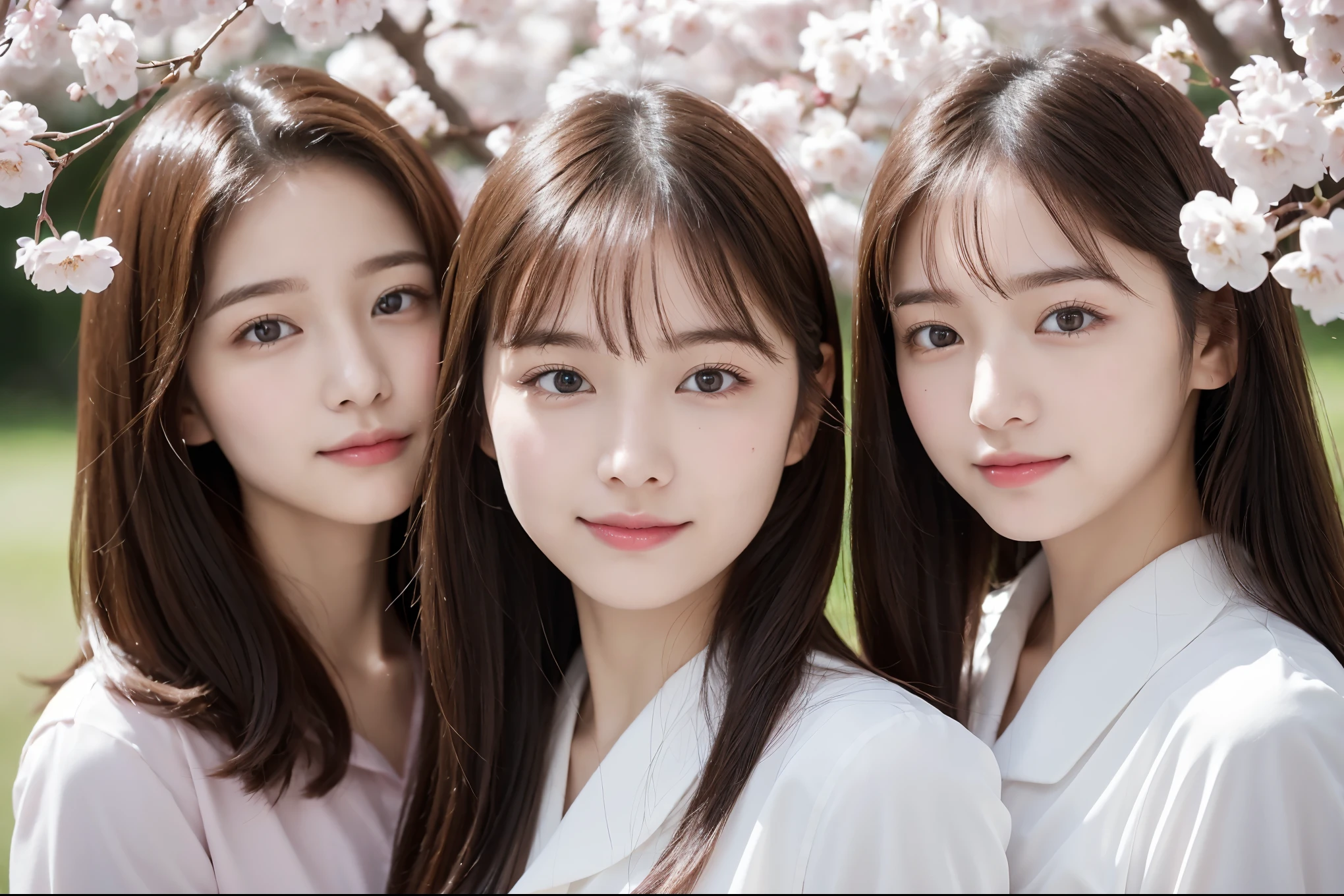 waist shot three girls Commemorative photo Beautiful shiny skin (Amazing and very beautiful detailed image quality:1.5). (very perfect detailed and beautiful eyes:1.3). (Amazingly very realistic and high quality eyes:1.3) (Very high definition and high quality eyes) ((very sharp focus:1.3)) high school girl school uniform (Raw photo, highest quality,realistic, Photoreal,very delicate and beautiful,very detailed, finely,super detailed, High resolution:1.3), Japanese, woman, (17 years old), Viewer's perspective, Straight semi-long hair that shines surprisingly beautifully, see through bang, gentle smile Viewer's perspective Draw poses and angles randomly, (cute:1.3) The background is cherry blossoms