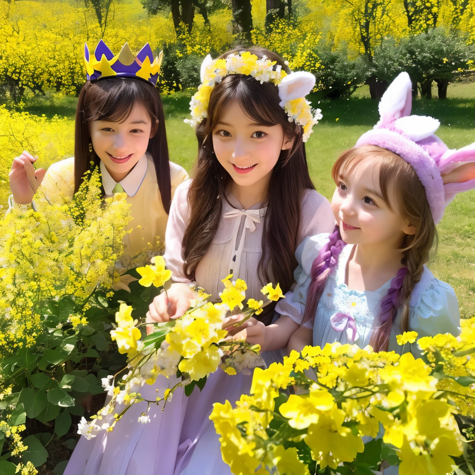 Spring steppe、The rape blossoms and astragalus flowers are blooming、yellow and purple are spreading。The girl iaking a crown with flowers。Crown on the head、Rabbits are playing。