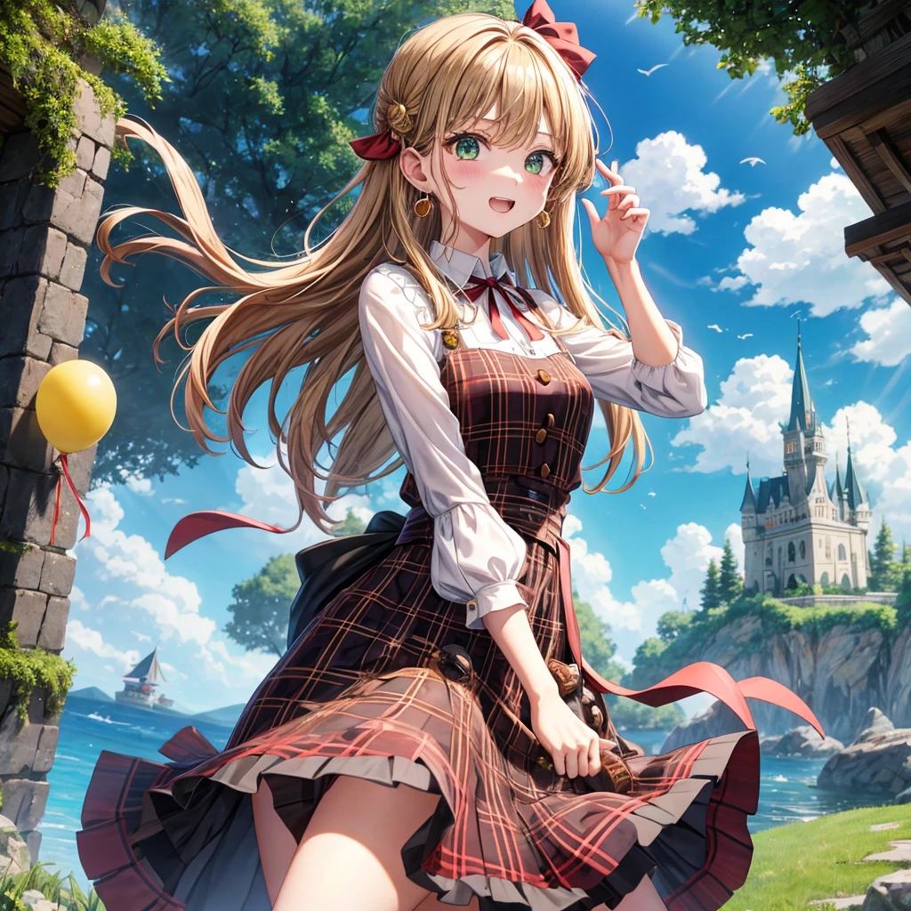 reddish-brown blonde、green eyes、one good looking girl、solo、anime、plaid mini skirt、the skirt has buttons、camisole、black t-shirt、dress、wearing a ribbon、ribbon at waist、cloak、hood、clouds are swirling、stone slabs are piled up、one hand raised、crystal earrings、sun、gold coins are falling、teeth are visible、splash of water、monster castle、have a world map、bow、Swing、ceiling、balloon