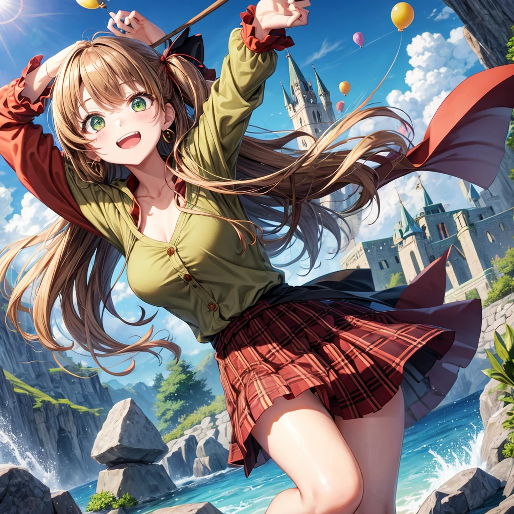 reddish-brown blonde、green eyes、one good looking girl、solo、anime、plaid mini skirt、the skirt has buttons、camisole、black t-shirt、dress、wearing a ribbon、ribbon at waist、cloak、hood、clouds are swirling、stone slabs are piled up、one hand raised、crystal earrings、sun、gold coins are falling、teeth are visible、splash of water、monster castle、have a world map、bow、Swing、ceiling、balloon