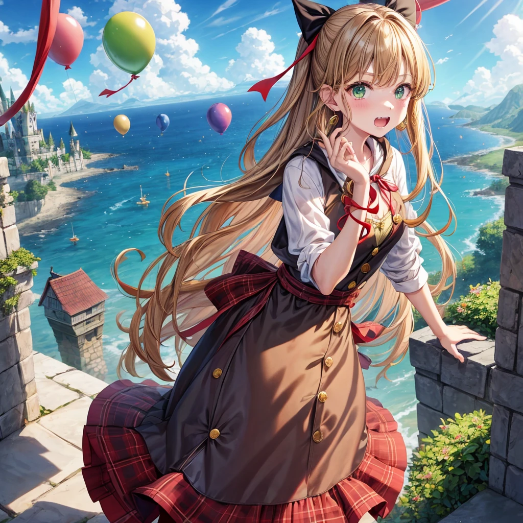 reddish-brown blonde、green eyes、one good looking girl、solo、anime、plaid mini skirt、the skirt has buttons、camisole、black t-shirt、dress、wearing a ribbon、ribbon at waist、cloak、hood、clouds are swirling、stone slabs are piled up、one hand raised、crystal earrings、sun、gold coins are falling、teeth are visible、splash of water、monster castle、have a world map、bow、Swing、ceiling、balloon