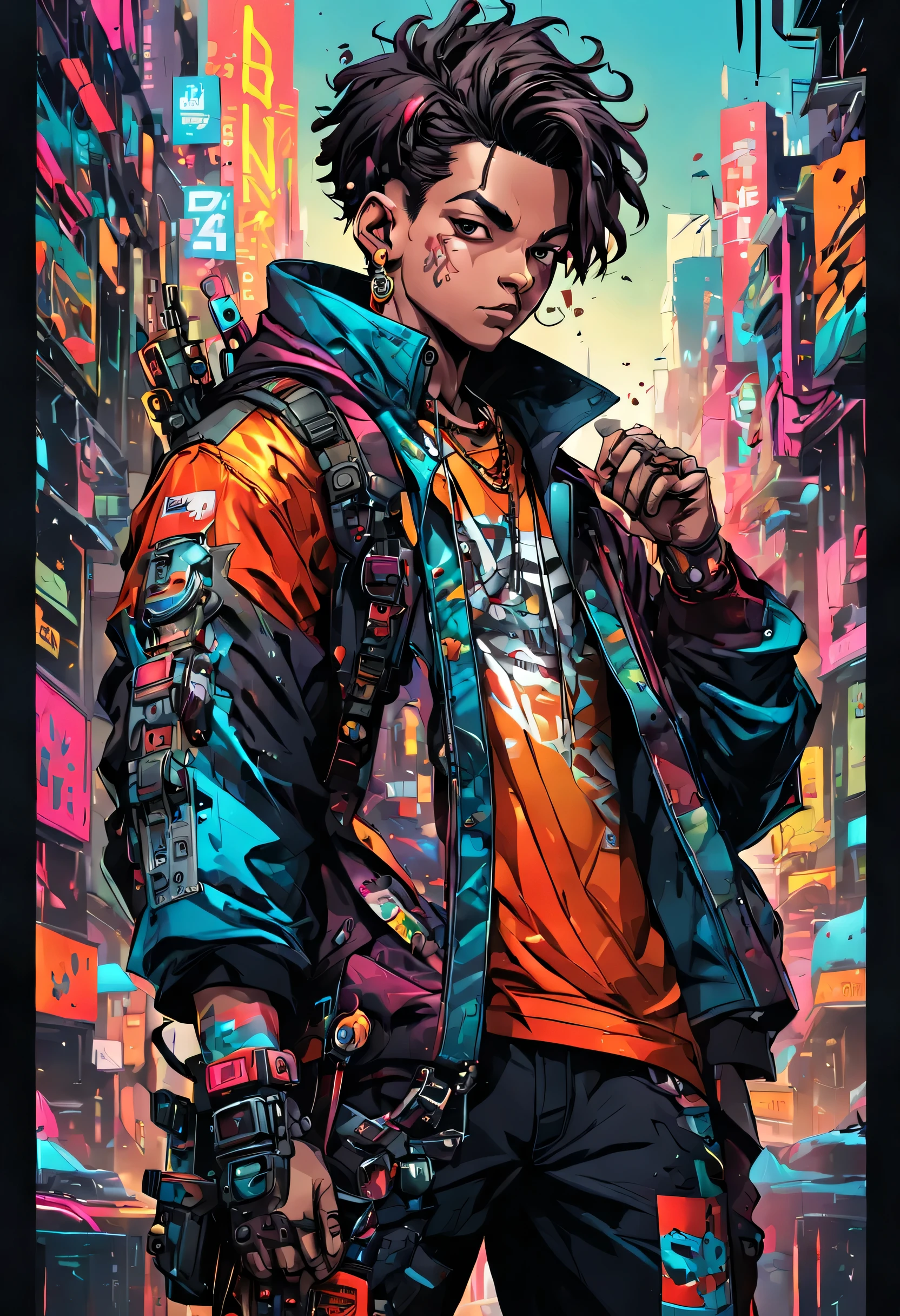 American comic book style,Young man posing downtown:brackets:american casual,Street fashion,pop color,rich colors,Cast colorful spells,Manga manuscript style,Frame splitting,cute,nice,be familiar with,comic strip,cyber punk,draw with thick lines,pop art,dynamic pose,dynamic composition,action,Exciting games are waiting to begin,Excited,masterpiece