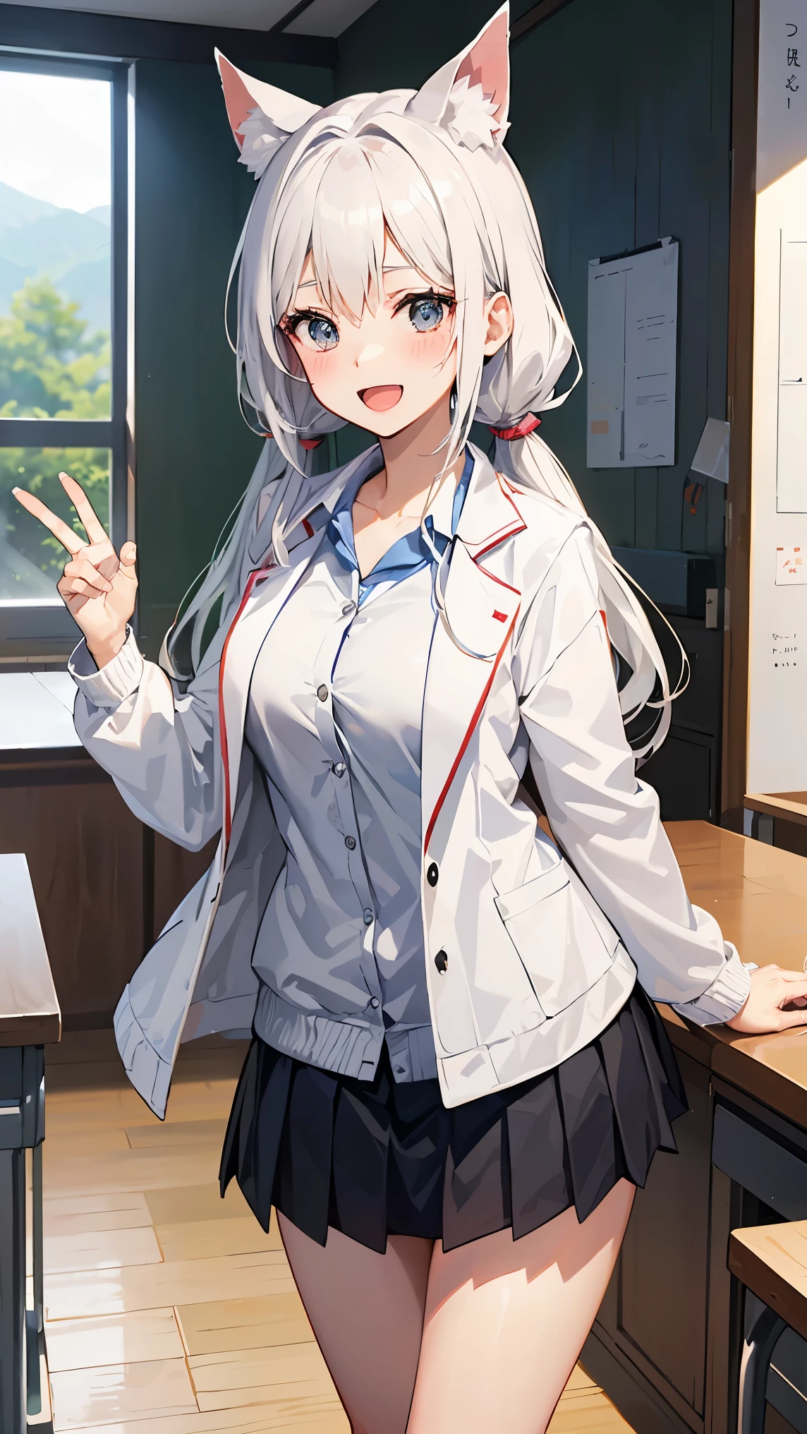 1girl, (startled:1.3, :D, blush:1.1, long twintail hair:1.3, black goggles:1.2), white hair, black eyes, dog ears, large breast, wallpaper, landscape, depth of field, morning, school science room, light particles, light rays, sidelighting, japanese school uniform, (japanese school shirt), japanese school skirt, (white jacket, open jacket:1.3)