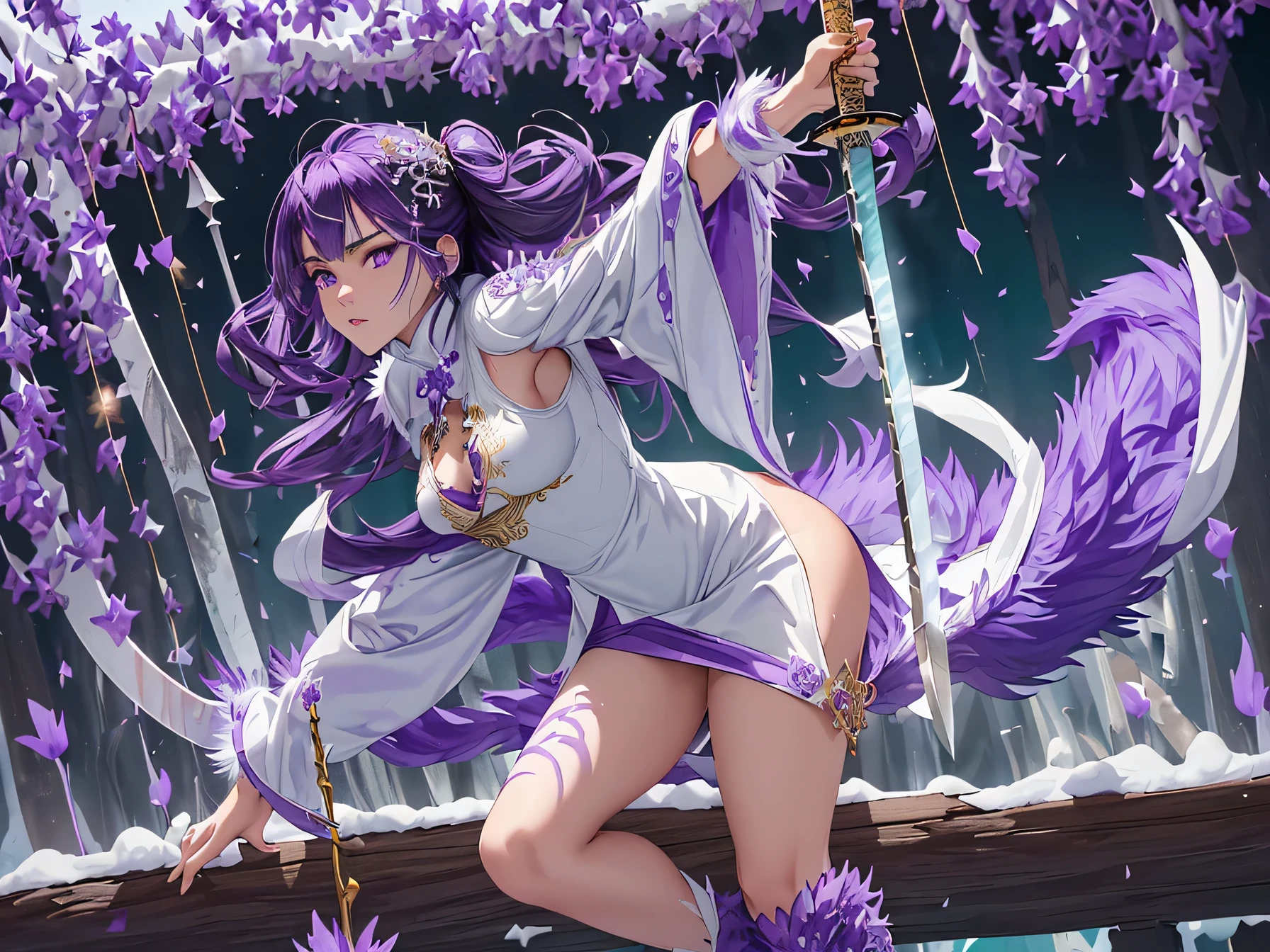 keqing_\(genshin_impact\), hiten kei style, detailed background, masterpiece, hyper realistic, realistic skin, best quality, 1girl, lakeside, medium breasts, huge nipples, erect nipples, looking at another, topless, full body, vector illustration, nipples, light smile, blunt bangs, long hair, stomach, navel, bare shoulders, purple hair, twintails, wet, soaked, raining, sarong, loincloth, black pantyhose, red tassel, magnolia leaves, autumn, sky, hands up, arched back, stretching, open mouth, bored, waterfalls, cliffs, falling leaves, resting, holding a sword, wet body, posing