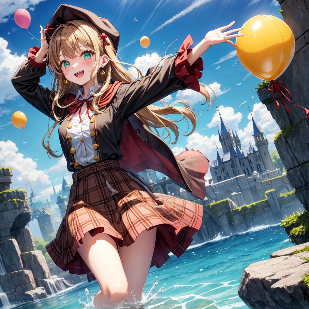 reddish-brown blonde、green eyes、one good looking girl、solo、anime、plaid mini skirt、the skirt has buttons、camisole、black t-shirt、dress、wearing a ribbon、ribbon at waist、cloak、hood、clouds are swirling、stone slabs are piled up、one hand raised、crystal earrings、sun、gold coins are falling、teeth are visible、splash of water、monster castle、have a world map、bow、Swing、ceiling、balloon