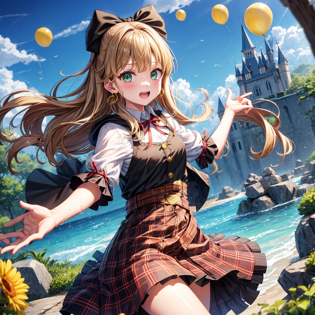 reddish-brown blonde、green eyes、one good looking girl、solo、anime、plaid mini skirt、the skirt has buttons、camisole、black t-shirt、dress、wearing a ribbon、ribbon at waist、cloak、hood、clouds are swirling、stone slabs are piled up、one hand raised、crystal earrings、sun、gold coins are falling、teeth are visible、splash of water、monster castle、have a world map、bow、Swing、ceiling、balloon