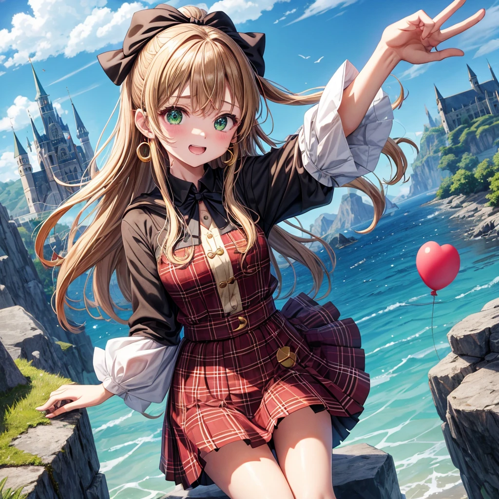 reddish-brown blonde、green eyes、one good looking girl、solo、anime、plaid mini skirt、the skirt has buttons、camisole、black t-shirt、dress、wearing a ribbon、ribbon at waist、cloak、hood、clouds are swirling、stone slabs are piled up、one hand raised、crystal earrings、sun、gold coins are falling、teeth are visible、splash of water、monster castle、have a world map、bow、Swing、ceiling、balloon