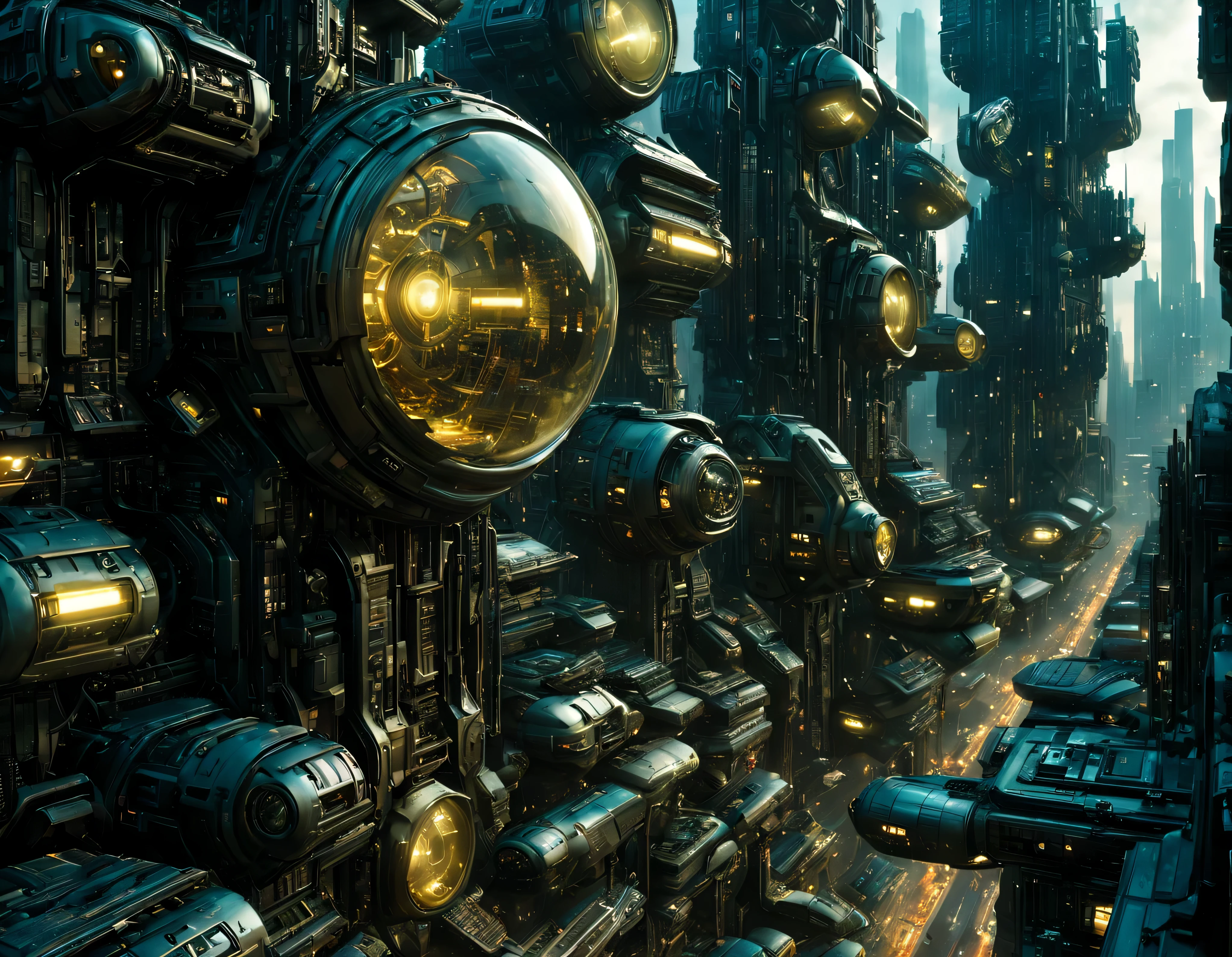 (iluminacion hora dorada), street of an extraterrestrial alien megalopolis with futuristic and technological architecture in its metal and glass conglomerado de buildings, some aliens walking around, ventanas iluminadas, all full of imagination, science fiction and (intrincados detalles de la maquina).imagen fotorrealista, Maximum sharpness, calidad 8k.(obra maestra de calidad superior). 3D. cyberpunk, century XXV technology
