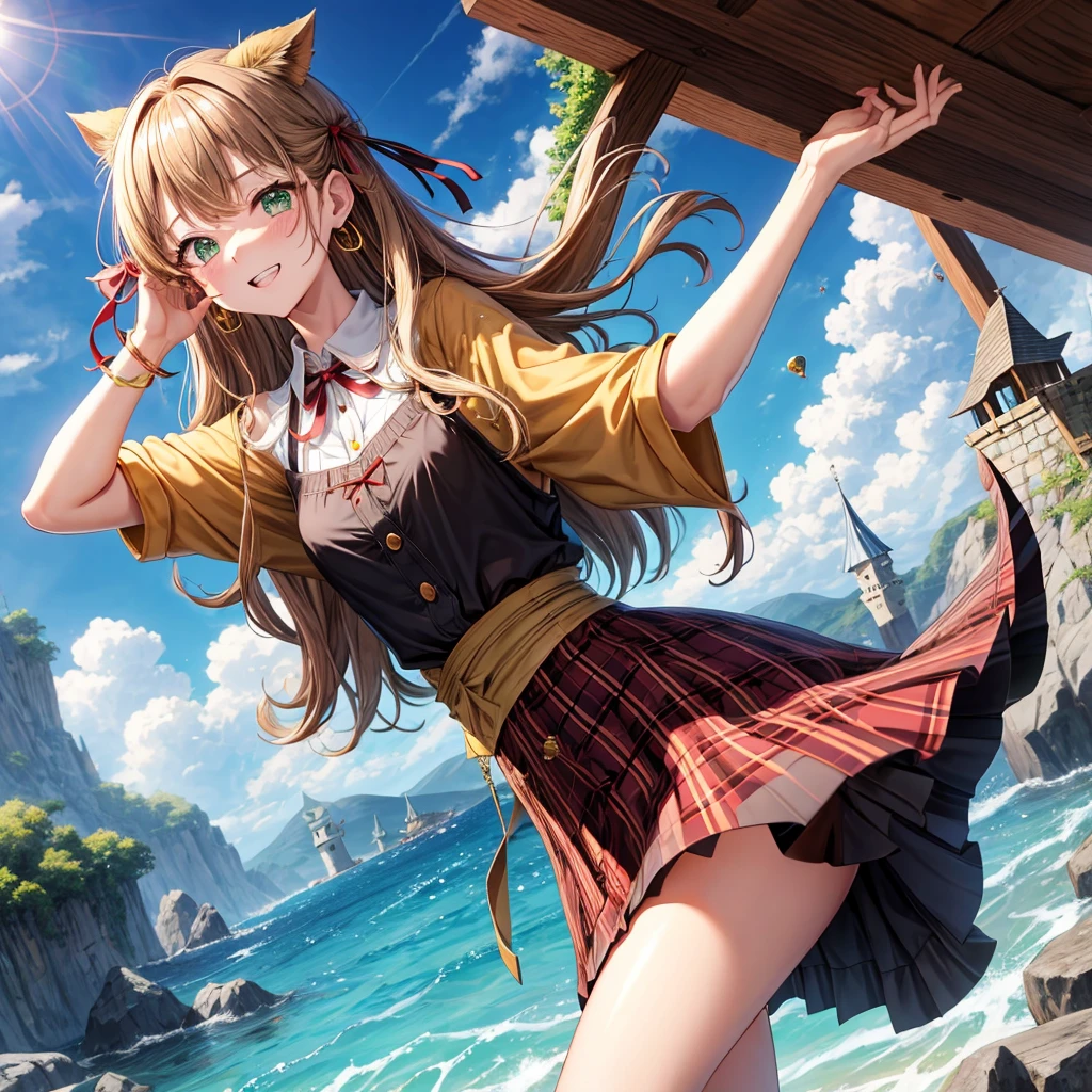 Brown, red, gold, golden hair、Red eyes、One good looking girl、solo、anime、Checkered mini skirt、Black camisole、Black T-shirt、hoodie、Wearing a ribbon、Ribbon on waist、Crystal Earrings、Gemstone Necklace、Light and shadow、Tilting face、Teeth are visible、waterfall、Kuroko、tunnel、pylon、Sunset sky、Towering、frilled lizard、light