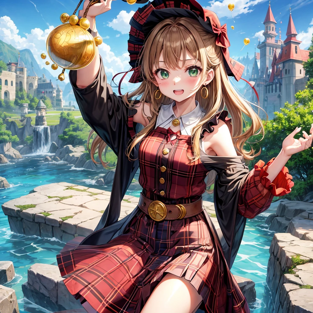 reddish-brown blonde、green eyes、one good looking girl、solo、anime、plaid mini skirt、the skirt has buttons、camisole、black t-shirt、dress、wearing a ribbon、ribbon at waist、cloak、hood、clouds are swirling、stone slabs are piled up、one hand raised、crystal earrings、sun、gold coins are falling、teeth are visible、splash of water、monster castle、have a world map、bow、Swing、ceiling、balloon
