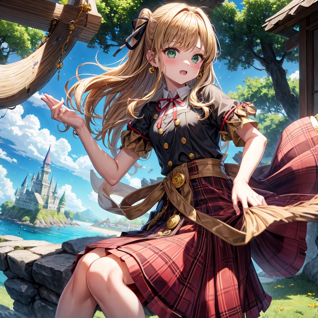 reddish-brown blonde、green eyes、one good looking girl、solo、anime、plaid mini skirt、the skirt has buttons、camisole、black t-shirt、dress、wearing a ribbon、ribbon at waist、cloak、hood、clouds are swirling、stone slabs are piled up、one hand raised、crystal earrings、sun、gold coins are falling、teeth are visible、splash of water、monster castle、have a world map、bow、Swing、ceiling、balloon