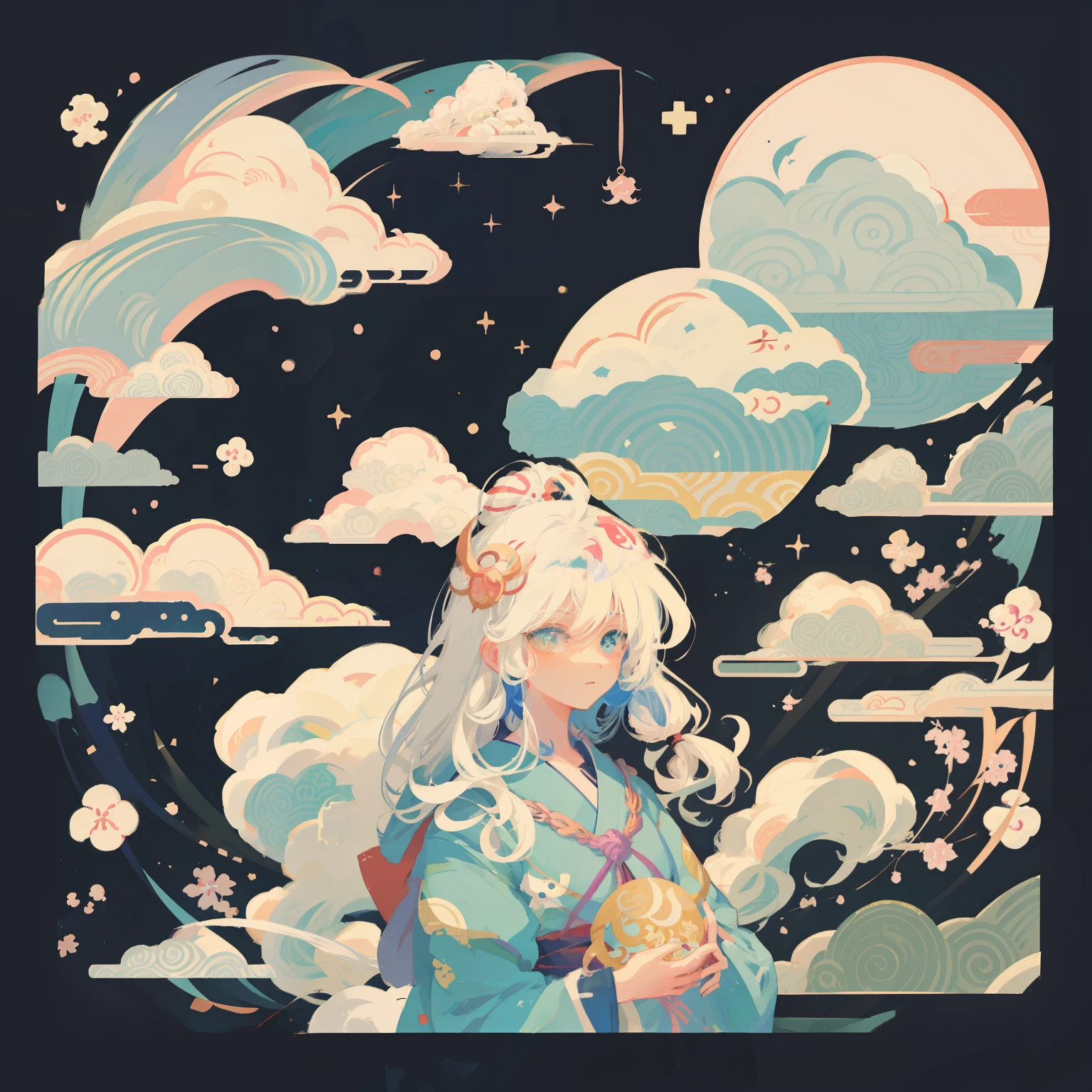 White hair，girl cloud, Cloud Goddess, anime style illustration, anime cloud, Ukiyo-e art style, Animation illustrations, Anime Fantasy Illustration, anime illustration, Cosmic hair anime girl, fantastic illustration, Fantasy psychedelic animation, lofi girl, A beautiful artistic illustration