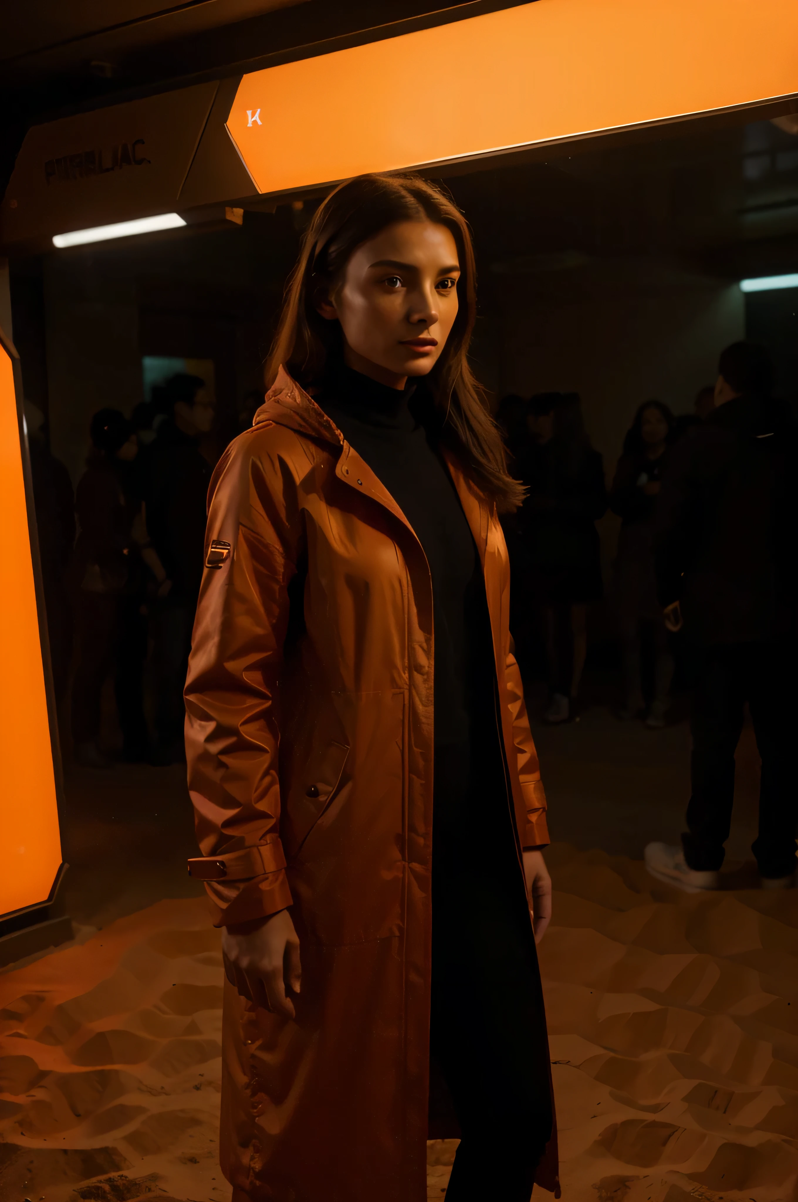 movie still, a woman in a coat standing in an orange sand patch, in the style of cinematic atmosphere, minimalist, hazy, red and amber, glistening, ferrania p30::2 Interstellar Diplomatic embassy on a neutral asteroid:: street photo of a woman in a futuristic suit, neon,