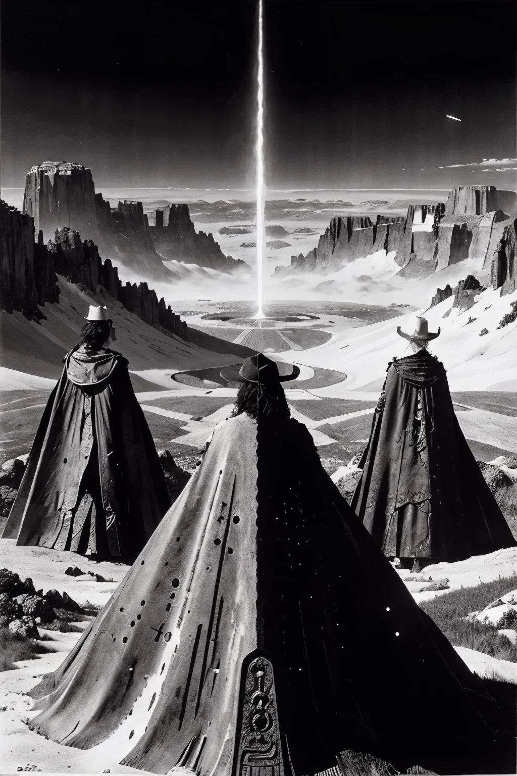 Hyperion drawing  by Jean Giraud in black and white with a big mountains and three space punk cowboys. Esoteric. 