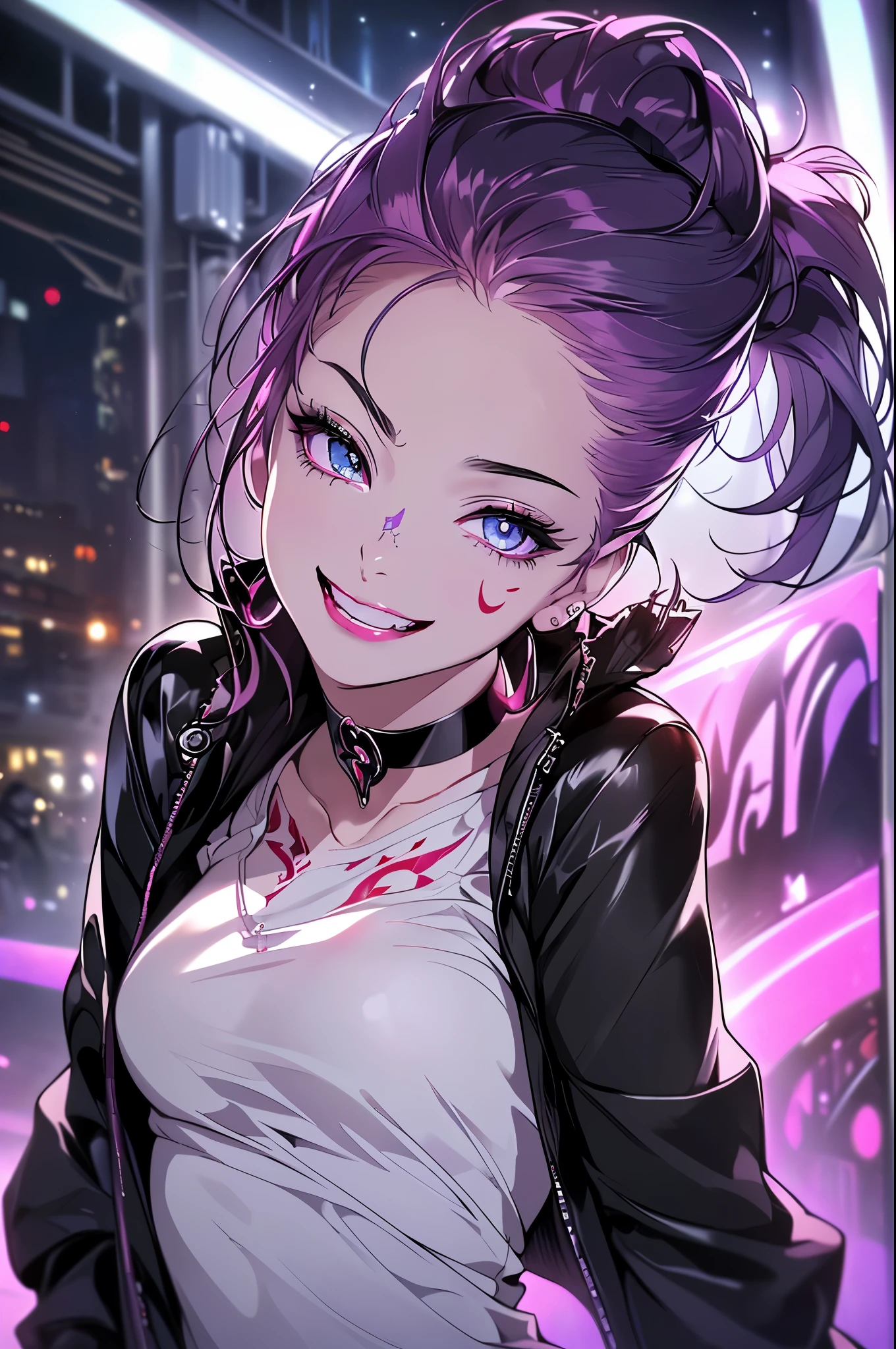 scene:0.9, (masterpiece), highest quality, (((super detailed, 8K quality))), looking at the viewer, (sense of depth:0.7, black background,), ((body)), ((in the center)), shine目, ((enchanting eyes, smile, close, ネックchoker, ((software)), oversized black jacket, face focus, (clenched teeth), (devious smile, evil eye), at night, dark, woman, high contrast color, hair above one eye, red eyes, clear eyes, choker, neon shirt, shineing grafiti, shineing tattoos, shine, neon light, Black light,anime style, woman1名, Full body Esbian,blue eye background, big and full breasts, anger, (scarlet hair), long hair, purple eyes, (natural skin texture vivid details, surreal, (realistic detailed eyes, natural skin texture, realistic facial details), soft and dramatic lighting, Bokeh, vivid details, surreal, 35mm movie, hazy blur, (lipstick, eye shadow, red pink lips),多色のred eyes, purple theme,Wear an iridescent aura,beautiful eyes,bold pose、decide on a pose,upper ponytail,hanging bangs
