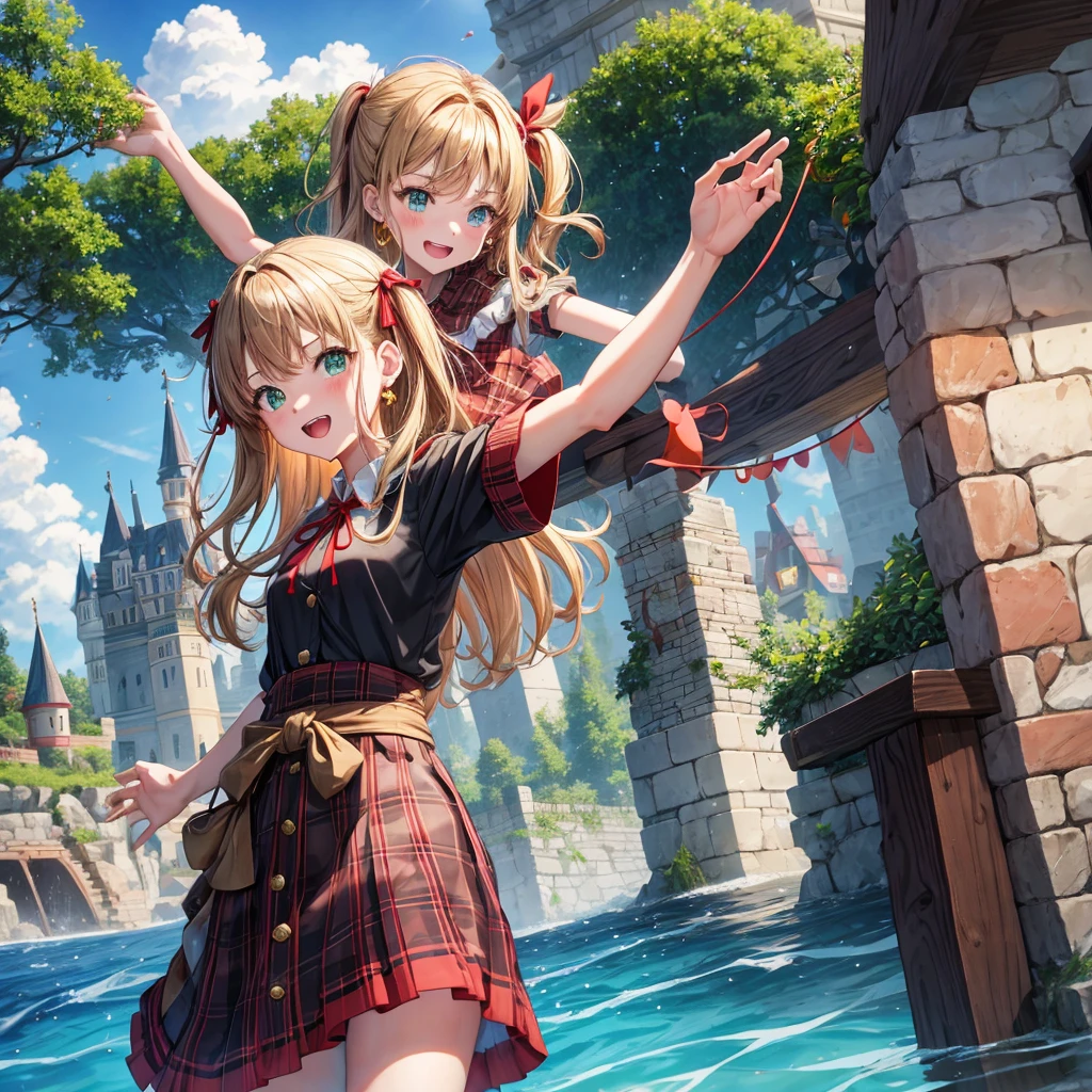 reddish-brown blonde、green eyes、one good looking girl、solo、anime、plaid mini skirt、the skirt has buttons、camisole、black t-shirt、dress、wearing a ribbon、ribbon at waist、cloak、hood、clouds are swirling、stone slabs are piled up、one hand raised、crystal earrings、sun、gold coins are falling、teeth are visible、splash of water、monster castle、have a world map、bow、Swing、ceiling、balloon