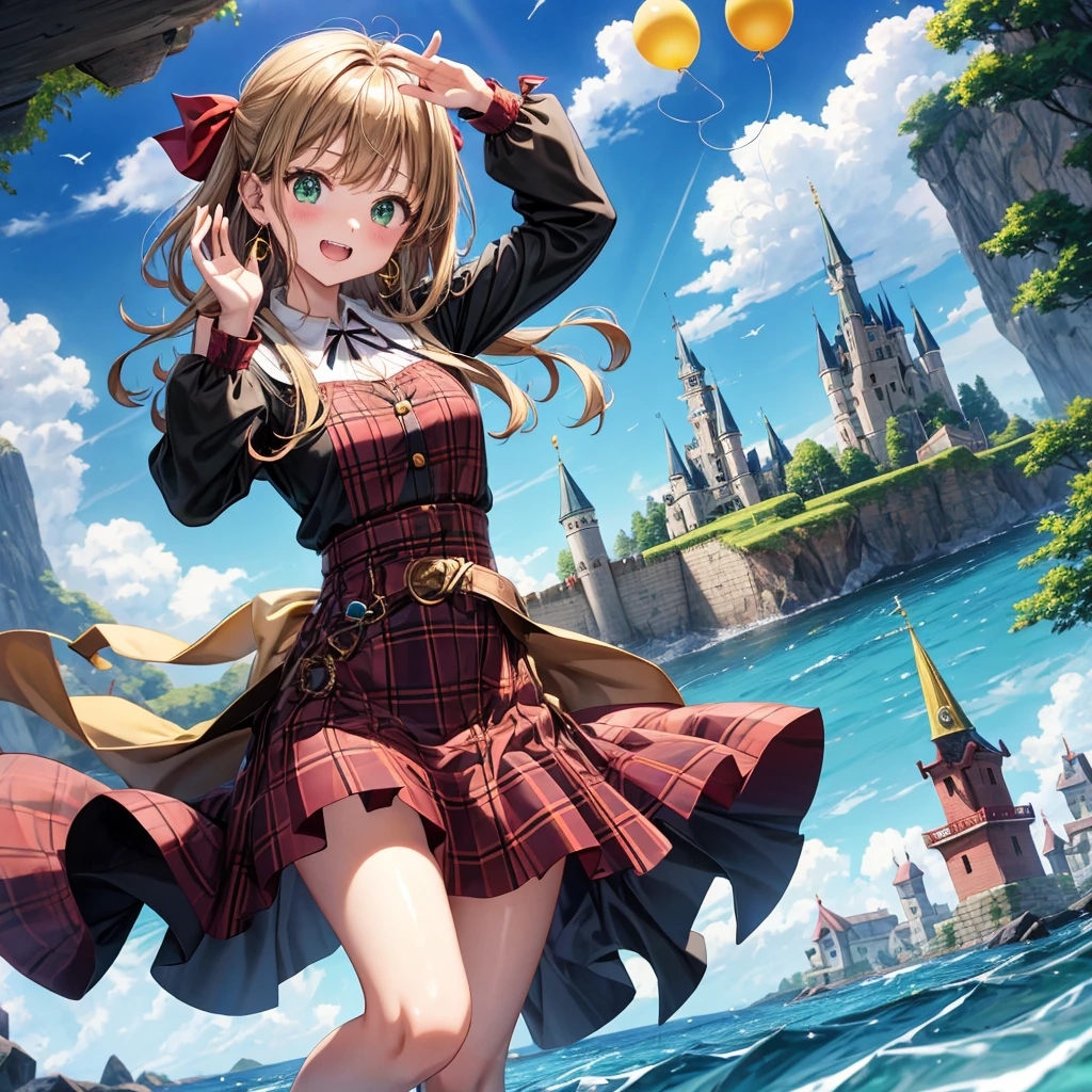 reddish-brown blonde、green eyes、one good looking girl、solo、anime、plaid mini skirt、the skirt has buttons、camisole、black t-shirt、dress、wearing a ribbon、ribbon at waist、cloak、hood、clouds are swirling、stone slabs are piled up、one hand raised、crystal earrings、sun、gold coins are falling、teeth are visible、splash of water、monster castle、have a world map、bow、Swing、ceiling、balloon
