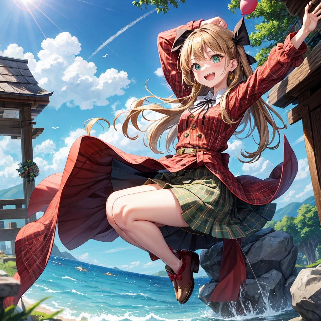 reddish-brown blonde、green eyes、one good looking girl、solo、anime、plaid mini skirt、the skirt has buttons、camisole、black t-shirt、dress、wearing a ribbon、ribbon at waist、cloak、hood、clouds are swirling、stone slabs are piled up、one hand raised、crystal earrings、sun、gold coins are falling、teeth are visible、splash of water、monster castle、have a world map、bow、Swing、ceiling、balloon