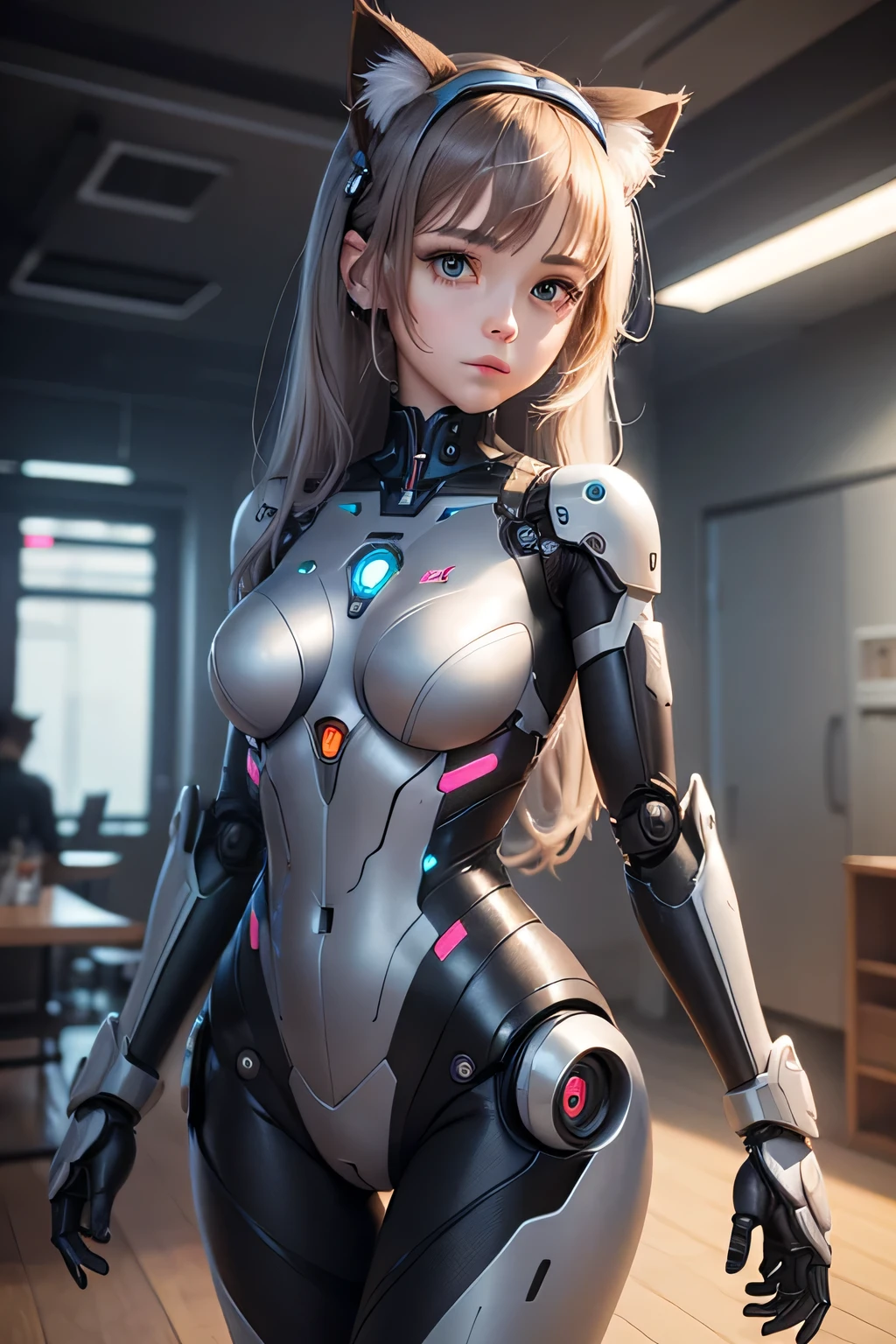 A high school girl who was remade into a robot　Mechanical body　The background is a classroom at night, expressionless, UHD, retina, masterpiece, ccurate, anatomically correct, textured skin, super detail, high details, high quality, award winning, best quality, highres