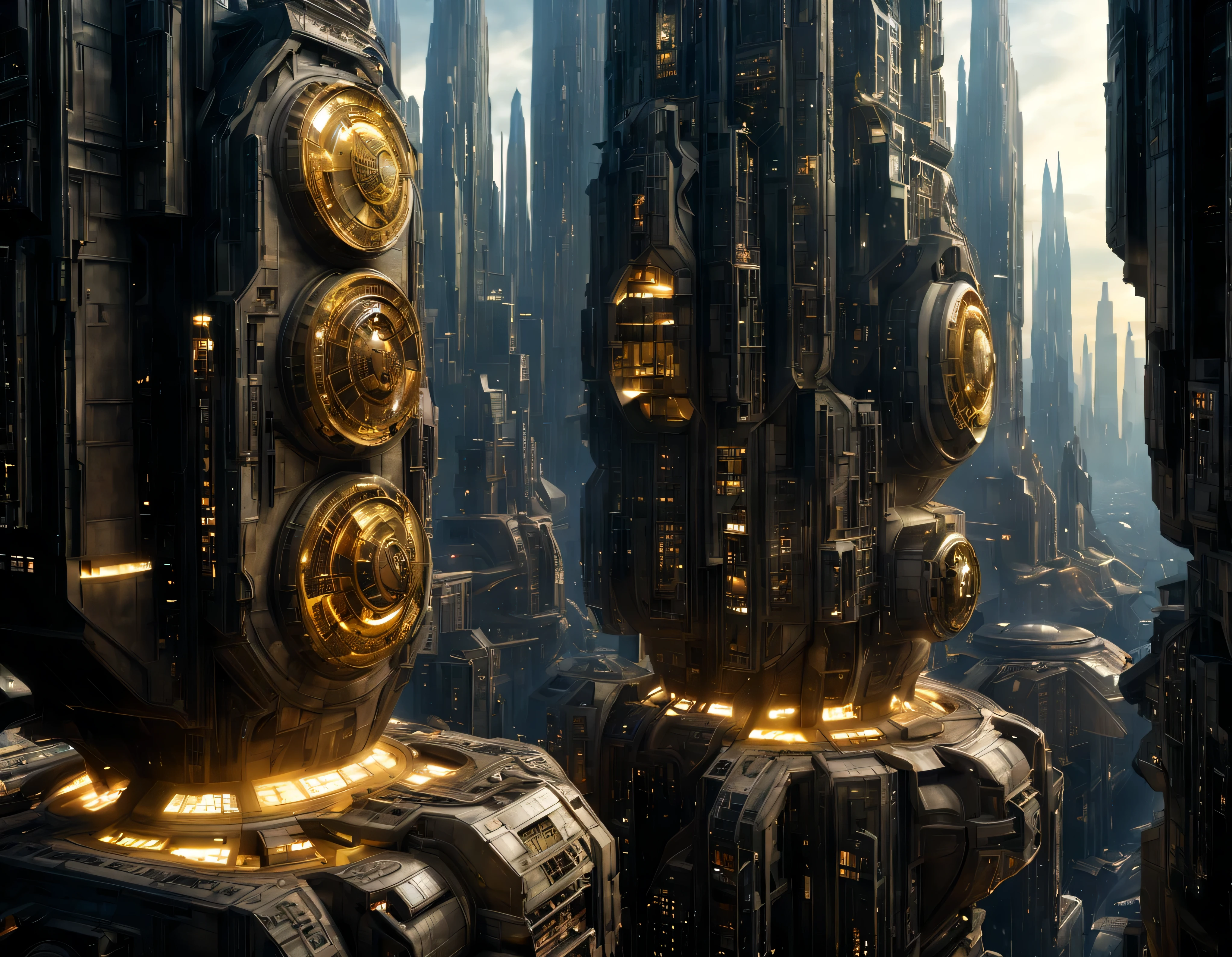 (iluminacion hora dorada), (The city of Coruscant from Star Wars as designed by Doug Chiang), futuristic fantasy city with immense buildings of technological design (que forman una avenida infinita), non-blurred compact buildings with metallic y acristalada appearance ovalados y dodecaedricos, luces en ventanas en edificios, daylight lighting with sun, con estructuras acristaladas espectaculares, en las que abundan el oro, plata y bronce, (con colores vivos). pavimento ensolado (sin brillo). gente paseando. imagen bien definida con muchos edificios juntos. sharp well defined 8k image. los edificios llegan alta el fondo.,8k. cinematographic image. ((obra maestra de superior calidad)). (renderizado 3D). fondo nitido.