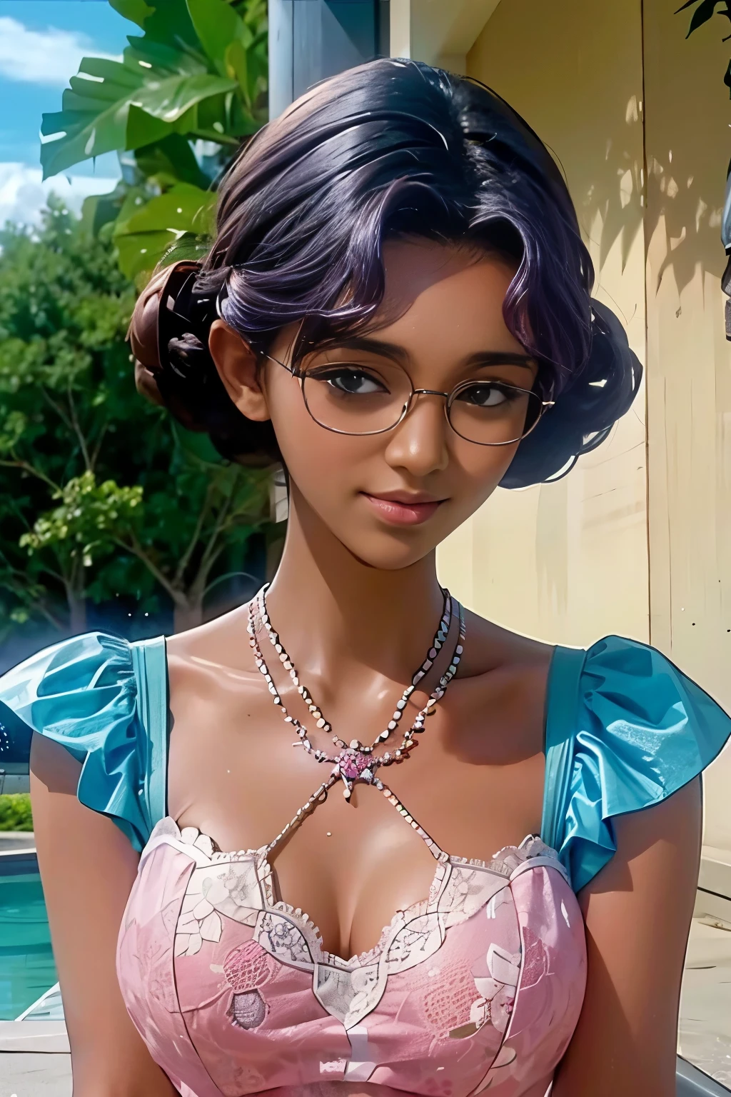 (masterpiece, best quality:1.2),short hair，Exquisite hair color，（（Pink lace suspender dress）），glowing skin，dark skin，wear glasses，huge tits，Overmuch，big and droopy，big titietra big ， ，pastel tones，（（（masterpiece）））， （（best quality））， （（intricate details））， （（Surreal））