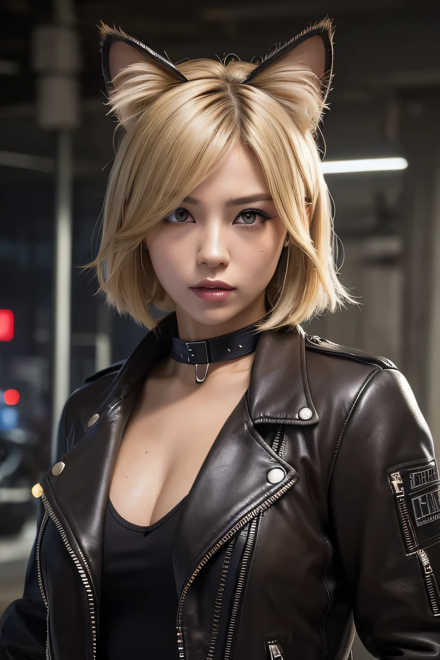 (masterpiece:1.2), super detailed, ultra high resolution, (realistic, photo realistic:1.37), High-definition RAW color photo, professional photos, highly detailed face, very fine eyes, very fine skin, very fine fingers, highly detailed nose, highly detailed mouth, perfect anatomy, highly detailed background, (famous japanese actress:1.2), (Improve:1.35), (flat chest), (Brown people, black skin, blonde hair:1.3), (Very short cut hair, curl the inside of the hair:1.2), leather jacket, cyberpunk streetwear, leather clothes, wearing cyberpunk streetwear, cyberpunk fashion clothing, (undressing:1.3), Factory closed in darkness. Capturing the eerie beauty of a factory hidden in the darkness, With only a faint outline visible, (cat girl, Cat ear:1.2), cat tail
