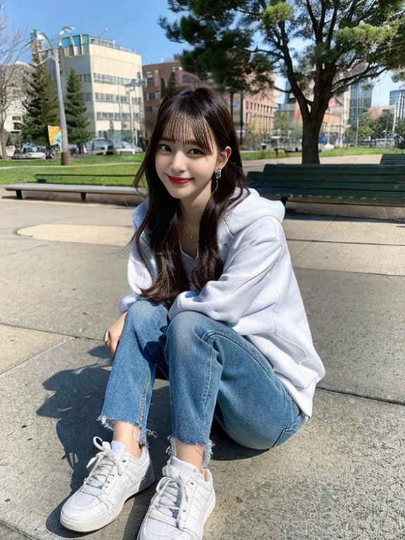 A neat and beautiful woman sitting on a park bench、８Ｋ、hoodie、skinny denim、sneakers、ear piercing、hairstyle semi long、refreshing smile、full body photo



