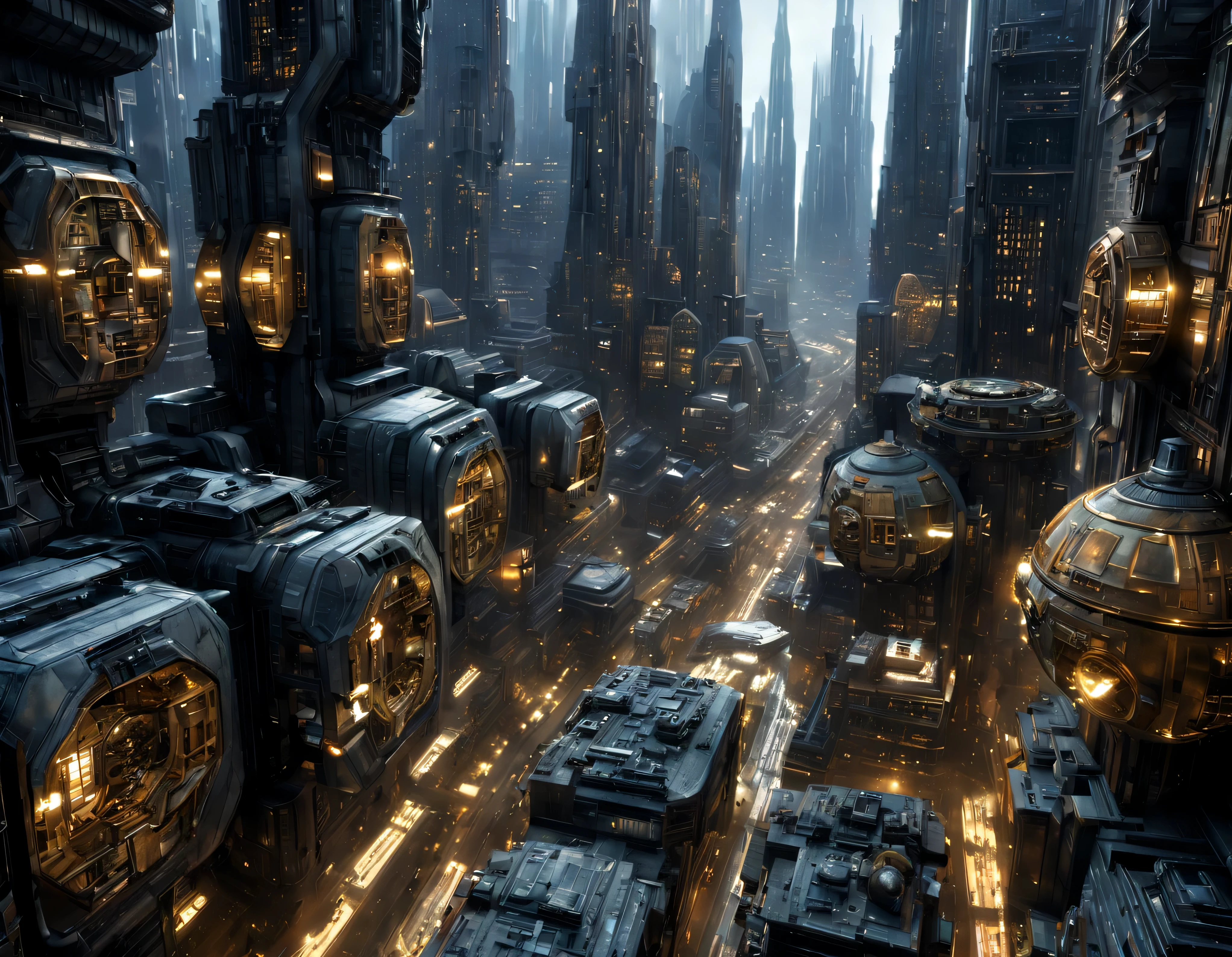 (iluminacion hora dorada), (The city of Coruscant from Star Wars as designed by Doug Chiang), futuristic fantasy city with immense buildings of technological design (que forman una avenida infinita), non-blurred compact buildings with metallic y acristalada appearance ovalados y dodecaedricos, luces en ventanas en edificios, daylight lighting with sun, con estructuras acristaladas espectaculares, en las que abundan el oro, plata y bronce, (con colores vivos). pavimento ensolado (sin brillo). gente paseando. imagen bien definida con muchos edificios juntos. sharp well defined 8k image. los edificios llegan alta el fondo.,8k. cinematographic image. ((obra maestra de superior calidad)). (renderizado 3D). fondo nitido.